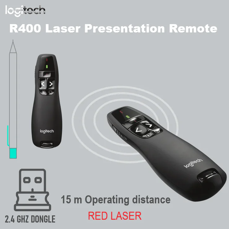 r400-feature-3 Logitech R400 Wireless Laser Presentation Remote With Red Laser Pointer, One-Touch Slideshow Controls, 2.4GHz USB Receiver, 15m Range, For Windows PC