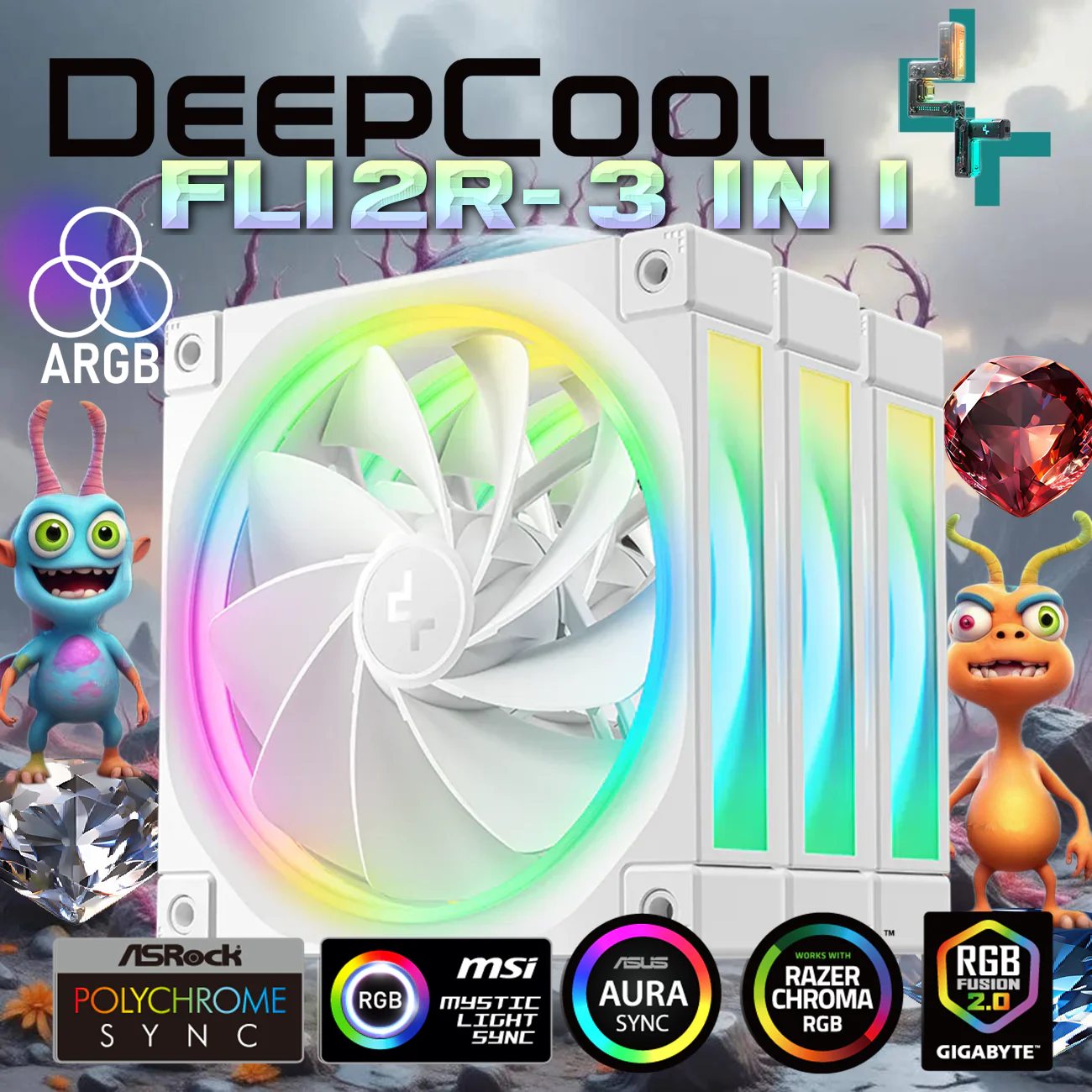 R-FL12R-WHAPN3-G DEEPCOOL FAN FL12R ARGB 3IN1 120×120×25 mm 3-PIN 5V - WHITE DeepCool FL12R 120mm 3 Fans ARGB Reverse Blade , 500–2150 RPM, 55 CFM, ≤33.9 dB, Fluid Dynamic Bearing, Gen2 LEDs, PWM + ARGB Sync 8-Pin, Anti-Vibration, Durable PBT Frame | WHITE