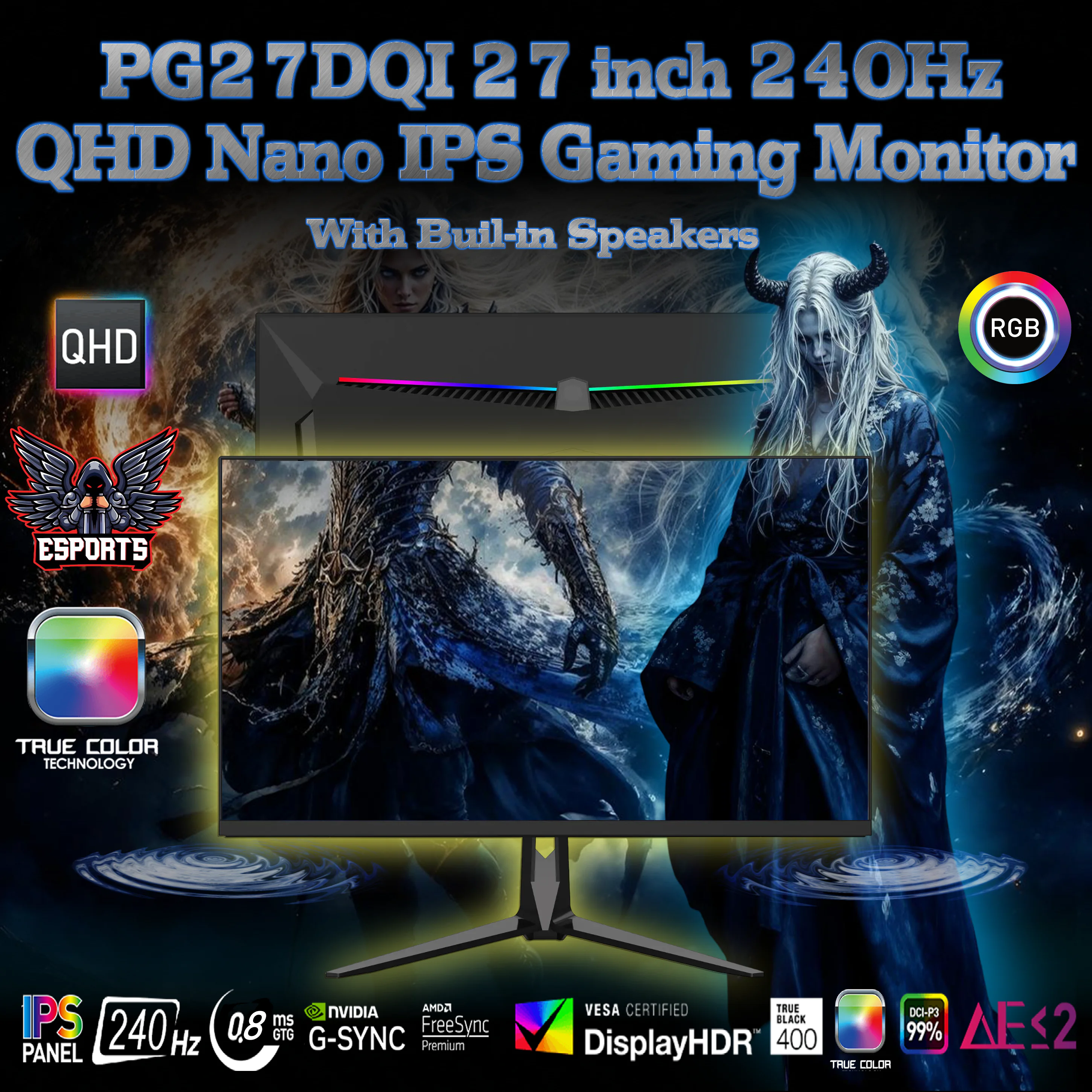 0.8ms --PG27DQI-240Hz (1) PG27DQI-240Hz PD 240HZ 27” Fast IPS QHD GAMING MONITOR 2560*1440 Perfect Display PG27DQI 27 inch QHD 2560x1440 Nano IPS Gaming Monitor – 240Hz, MPRT 0.8ms, True Color 99% DCI-P3, HDR400, G-Sync & Free-Sync , RGB Back Design, USB-C, KVM, DP 1.4, HDMI 2.1, VESA Mount, Dual 3W Speakers Included | BLACK PG27DQI-240Hz