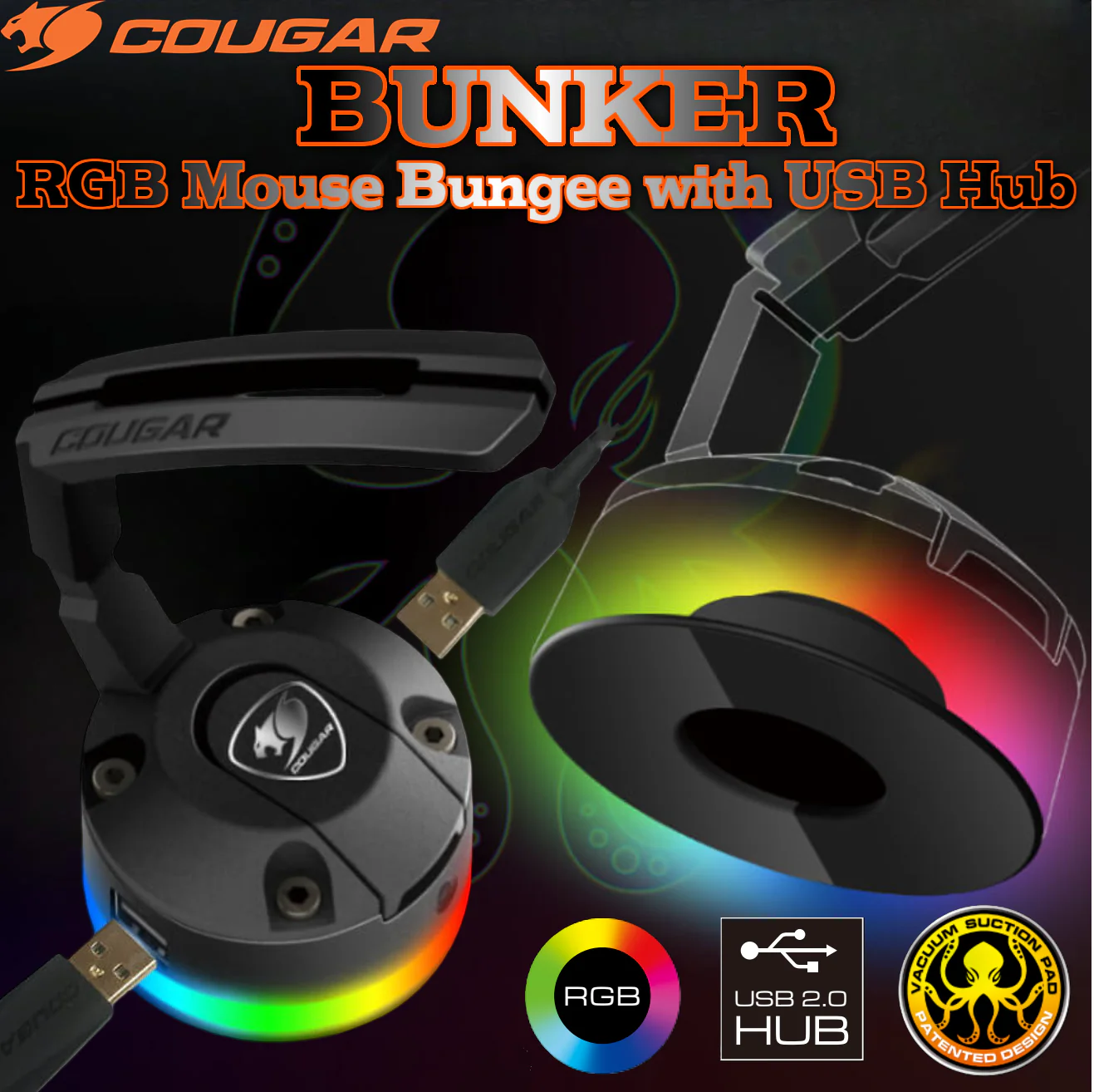 CGR-XXNB-MB1RGB COUGAR BUNKER RGB MOUSE BUNGEE WITH TWO USB PORTS  COUGAR BUNKER RGB Mouse Bungee With 14 RGB Lighting Effects, Dual USB 2.0 Hub With Over-Current Protection, Patented Vacuum Suction Pad For Superior Stability And Flexible Cable Management