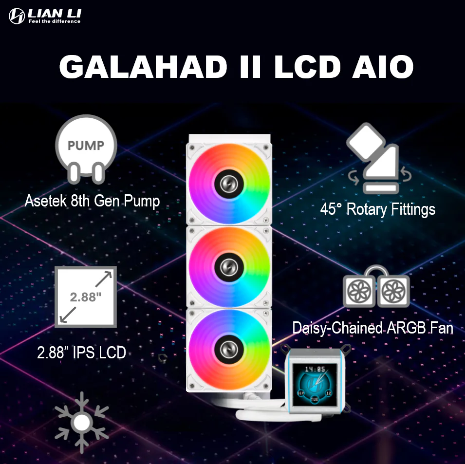GA2ALCD36W LIAN LI GALAHAD II LCD 360 AIO ARGB WHITE CPU LIQUID COOLER Lian Li GA Galahad II 360 AIO ARGB White Liquid Cooler  With 2.88” IPS LCD, Asetek 8th Gen Pump, ARGB Daisy-Chained Fans, Screen Recording, L-Connect 3, 3600 RPM | GA2ALCD36W