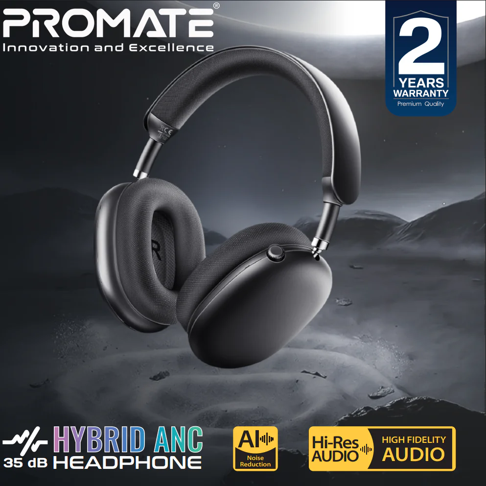 SERENE.BLACK PROMATE HIGH-DEFINITION HYBRID ANC WIRELESS HEADPHONES BLACK Promate Serene Over-Ear Wireless Headphones With 360° Spatial Audio, Hybrid ANC, Dynamic Head Tracking, Dual 400mAh Batteries, 40H Playback Time, Bluetooth 5.4 | Serene Black