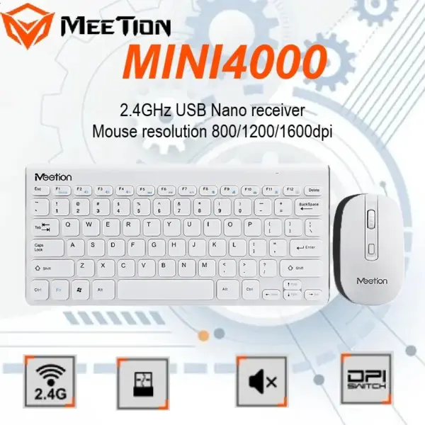 Meetion Wireless Combo MINI4000 – 2.4GHz Plug & Play Set, Ergonomic Ultra-Thin Keyboard + Silent Mouse, 800/1200/1600 DPI, 12 Multimedia Keys, Compact & Energy Efficient - White