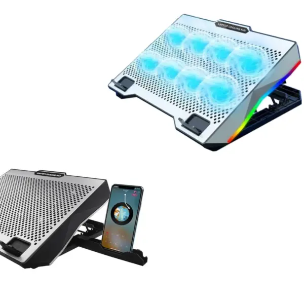 S608 Laptop Cooling Pad with 8 Fans – RGB Backlit, Ultra-Quiet, Adjustable Stand, 17" Max Support, Silver | 41.9×27.5cm