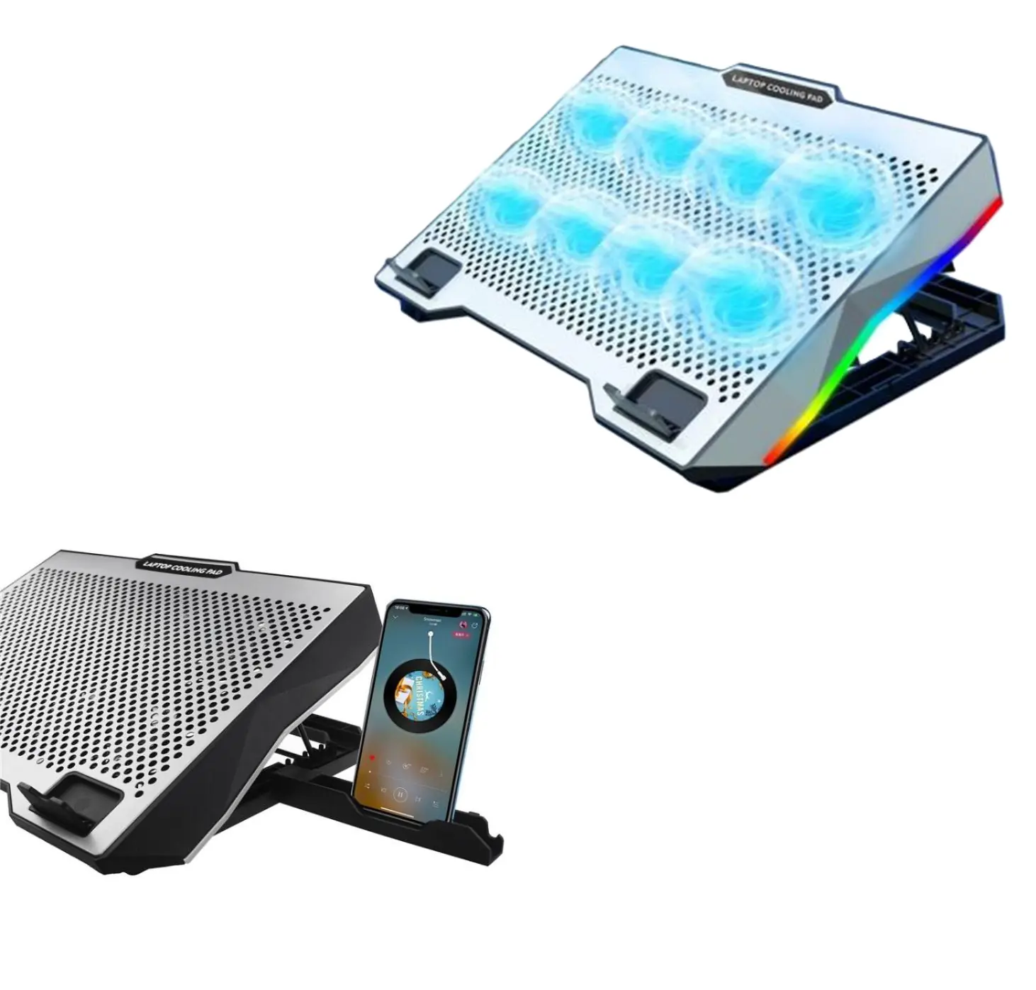 S608 Laptop Cooling Pad with 8 Fans – RGB Backlit, Ultra-Quiet, Adjustable Stand, 17" Max Support, Silver | 41.9×27.5cm