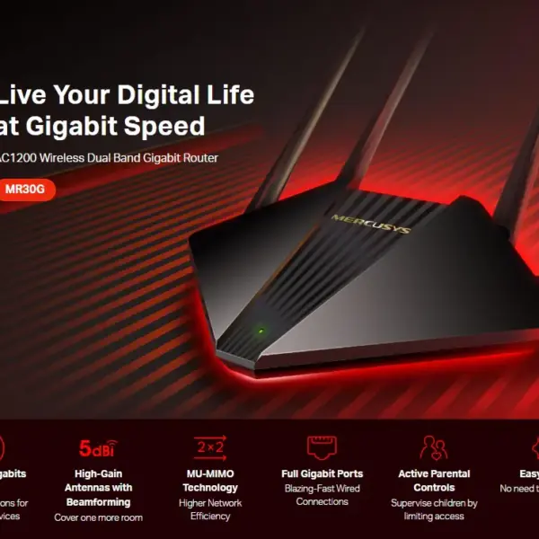 MERCUSYS MR30G AC1200 Dual Band Gigabit WiFi Router – 867 + 300 Mbps, MU-MIMO, Beamforming, Full Gigabit Ports, EasyMesh, IPTV & IPv6 Support, 4x 5dBi Antennas
