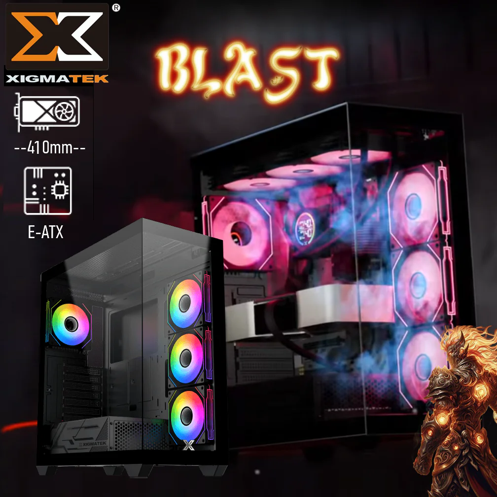 410-094158 EN46353 XIGMATEK BLAST CASE Xigmatek Blast E-ATX ARGB Case With 4 Pre-Installed Fans, Dual Tempered Glass, 360mm Radiator Support, and GPU Clearance Up to 410mm , Tool-Less Mounting , ARGB Control Box Included | BLACK