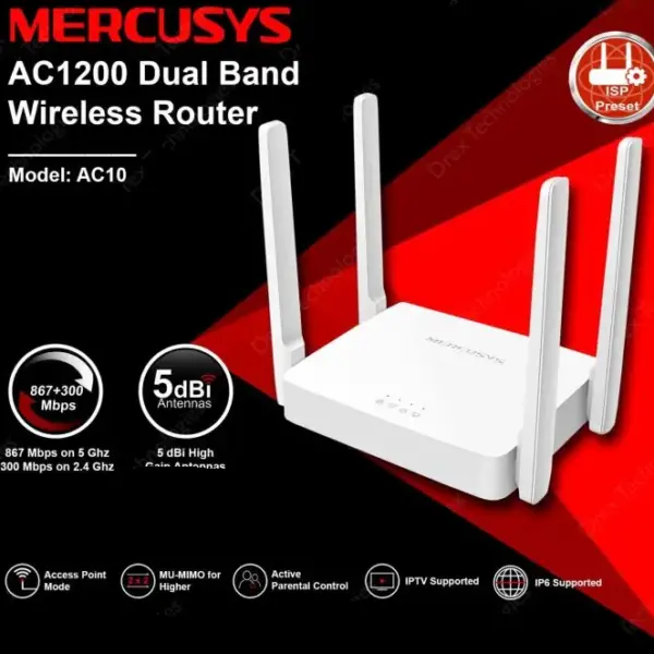 MERCUSYS AC10 AC1200 Dual Band WiFi Router – 4x 5dBi Antennas, 1167 Mbps Speed, Beamforming, MU-MIMO, Parental Control, Guest Network, Multi-Mode, IPTV Ready