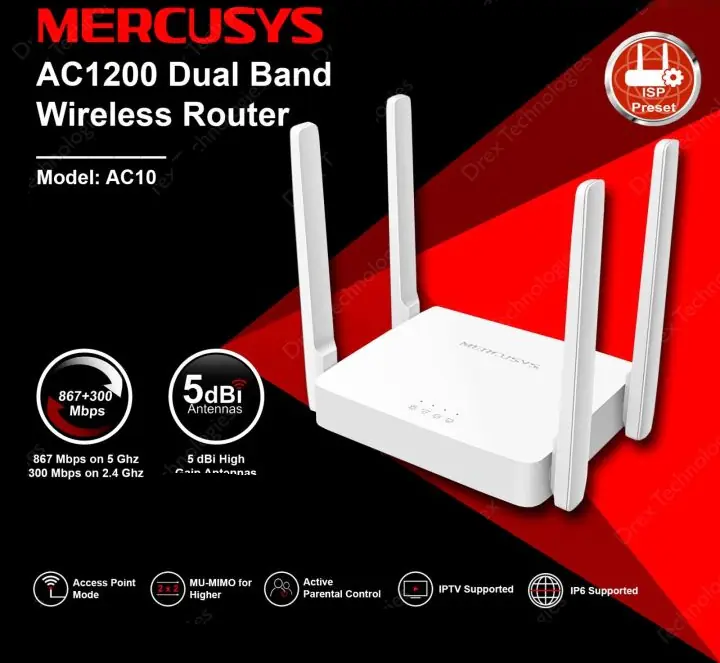 MERCUSYS AC10 AC1200 Dual Band WiFi Router – 4x 5dBi Antennas, 1167 Mbps Speed, Beamforming, MU-MIMO, Parental Control, Guest Network, Multi-Mode, IPTV Ready