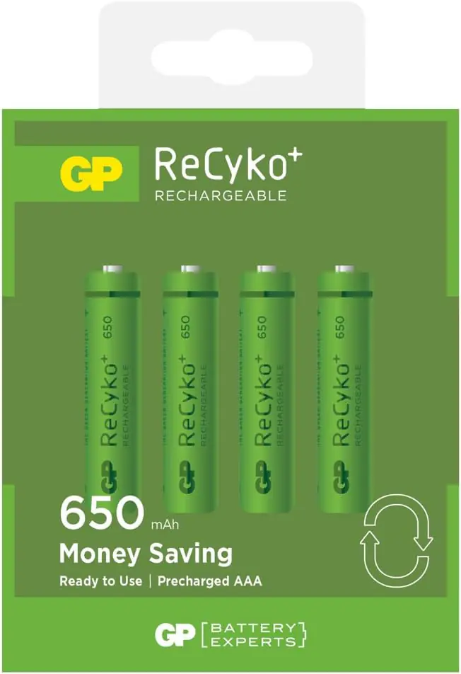 GP ReCyko AAA 650mAh Rechargeable Batteries – 4-Pack, Pre-Charged, Up to 1000 Recharge Cycles, Eco-Friendly NiMH, Long-Lasting Power for Cameras & Electronics