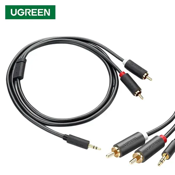 UGREEN 3.5mm to 2 RCA Audio Cable 1.5M – Gold-Plated AV102, Hi-Fi Stereo Sound, Tinned Copper Core, Shielded PVC, Universal Compatibility – Grey