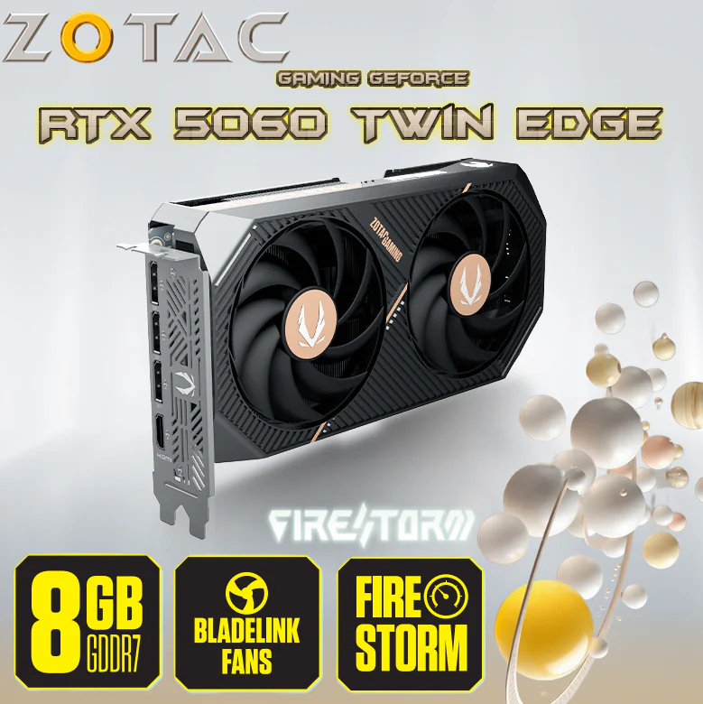 ZT-B50600E-10M ZOTAC GAMING GEFORCE RTX 5060 TWIN EDGE 8GB GDDR7 ZOTAC GAMING GeForce RTX 5060 Twin Edge GPU With 8GB GDDR7, DLSS 4, 3840 CUDA Cores, PCIe 5.0, Twin 90mm Fans, Blackwell Architecture, Ray Tracing, Compact 2-Slot Design