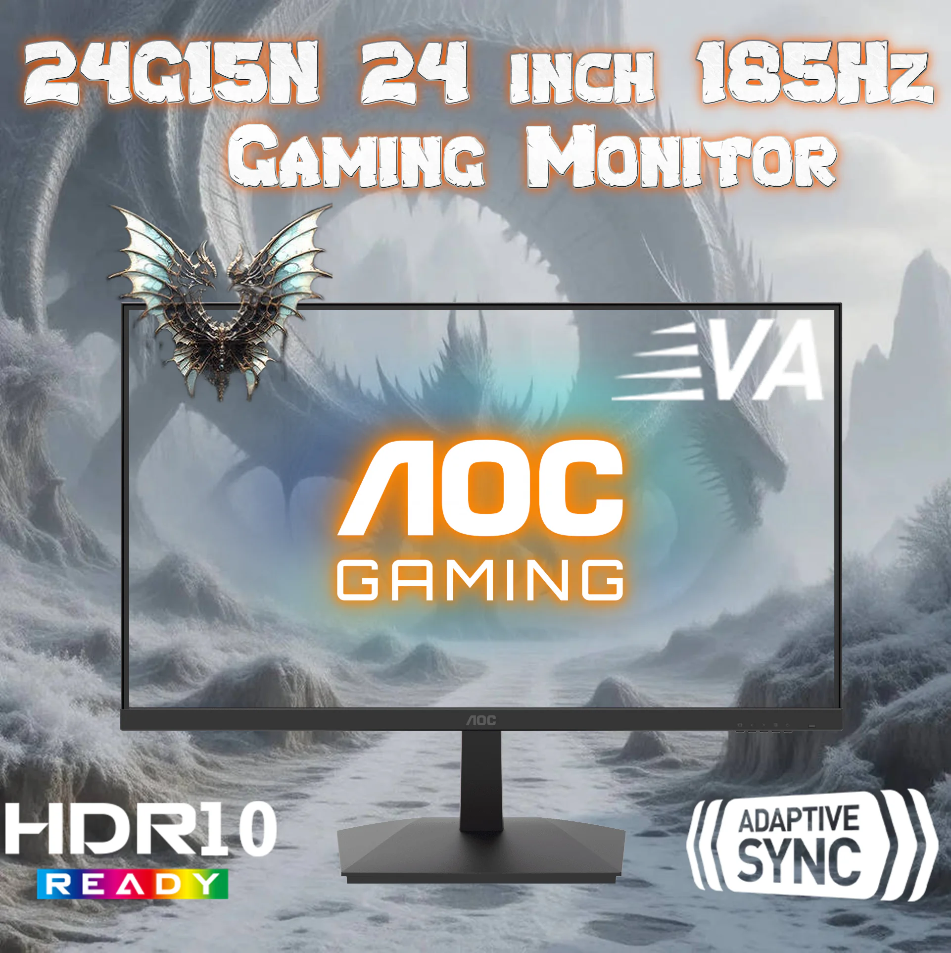 24G15N-185HZ AOC 23.8" 24G15N 185HZ 0.5MS FHD AOC 24G15 Gaming Monitor 24 inch FHD (1920X1080) 185Hz 1ms , 3-Sided Frameless VA panel , Adaptive-Sync , HDR10 Ready , 116% sRGB Wide Color Gamut - BLACK