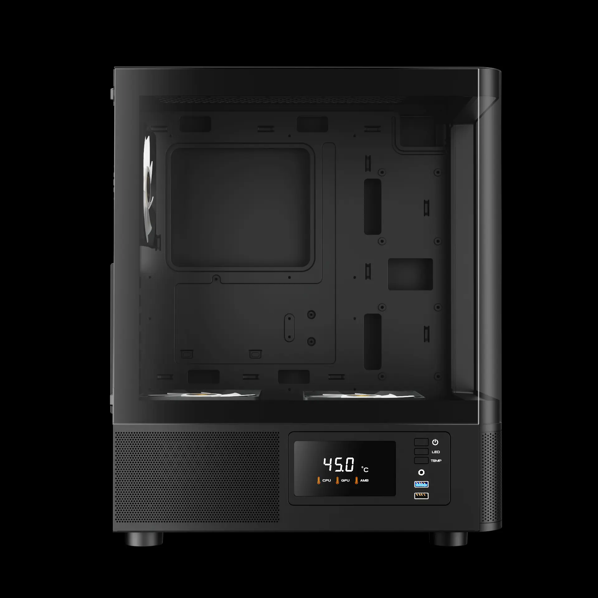 ATLAS_E2_CG_Exh3 ATLAS-E2-CG-BK GAMDIAS Atlas E2 CG  Mid Tower PC Case With Curved Tempered Glass, Real-Time Display, 3 ARGB Fans, GPU Support Up To 340mm, And Perforated Airflow Ventilation | BLACK