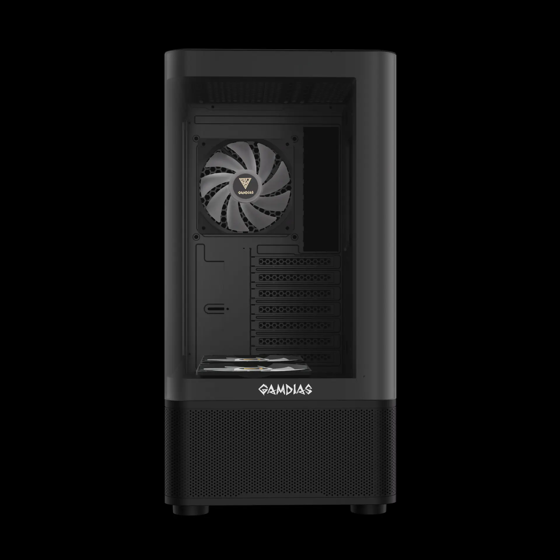 ATLAS_E2_CG_Exh4 ATLAS-E2-CG-BK GAMDIAS Atlas E2 CG  Mid Tower PC Case With Curved Tempered Glass, Real-Time Display, 3 ARGB Fans, GPU Support Up To 340mm, And Perforated Airflow Ventilation | BLACK