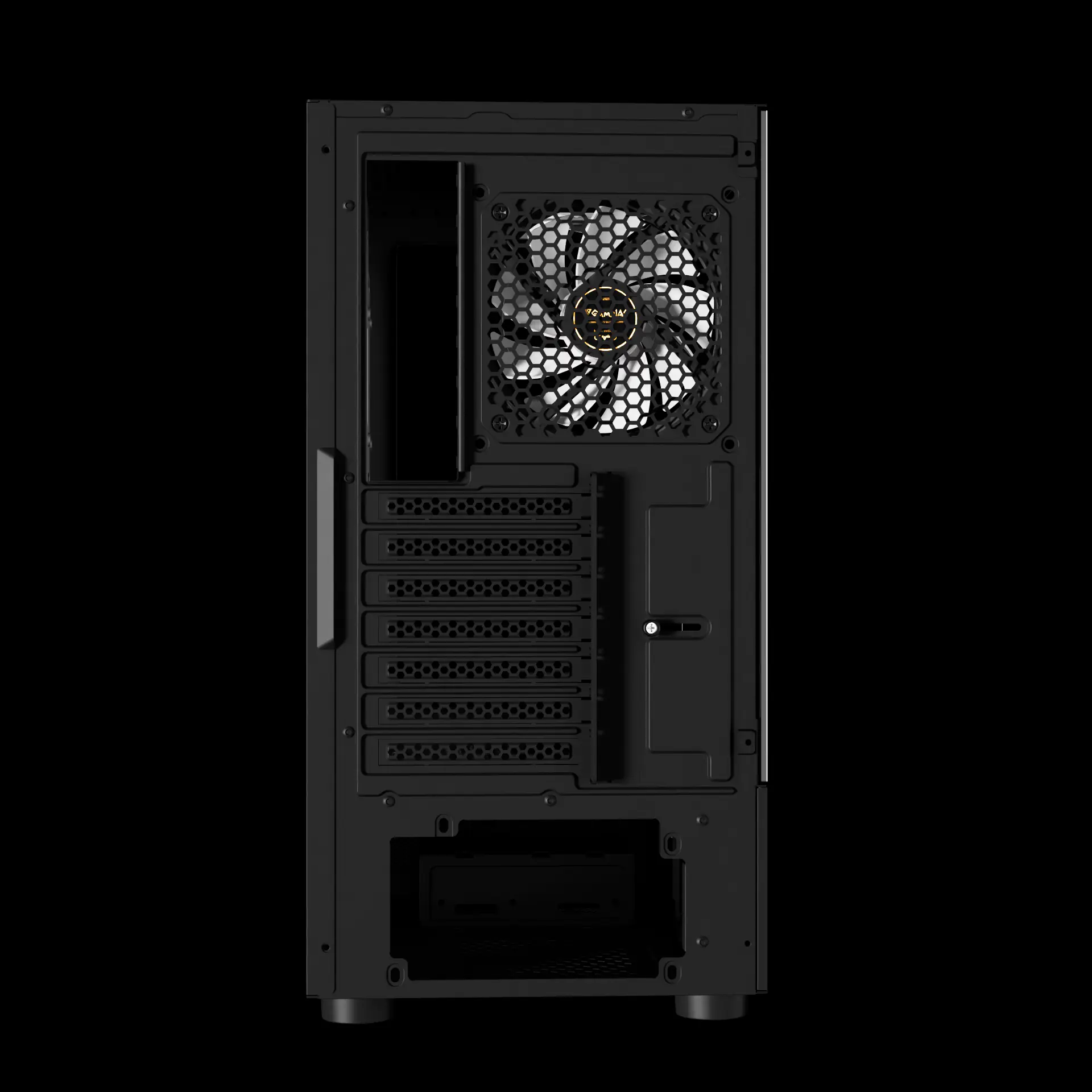 ATLAS_E2_CG_Exh5 ATLAS-E2-CG-BK GAMDIAS Atlas E2 CG  Mid Tower PC Case With Curved Tempered Glass, Real-Time Display, 3 ARGB Fans, GPU Support Up To 340mm, And Perforated Airflow Ventilation | BLACK