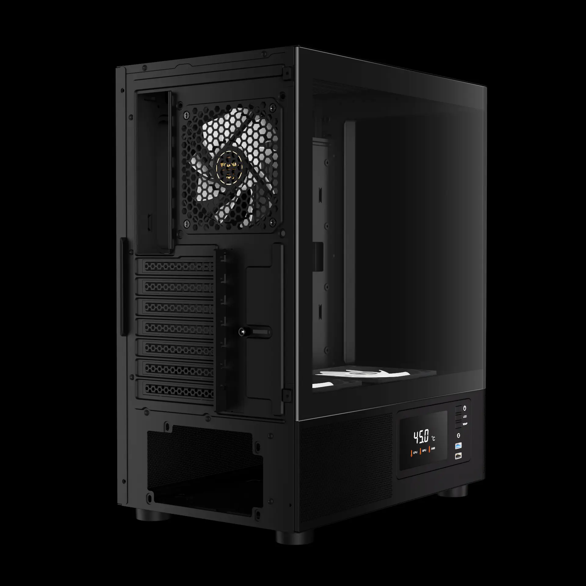 ATLAS_E2_CG_Exh6 ATLAS-E2-CG-BK GAMDIAS Atlas E2 CG  Mid Tower PC Case With Curved Tempered Glass, Real-Time Display, 3 ARGB Fans, GPU Support Up To 340mm, And Perforated Airflow Ventilation | BLACK