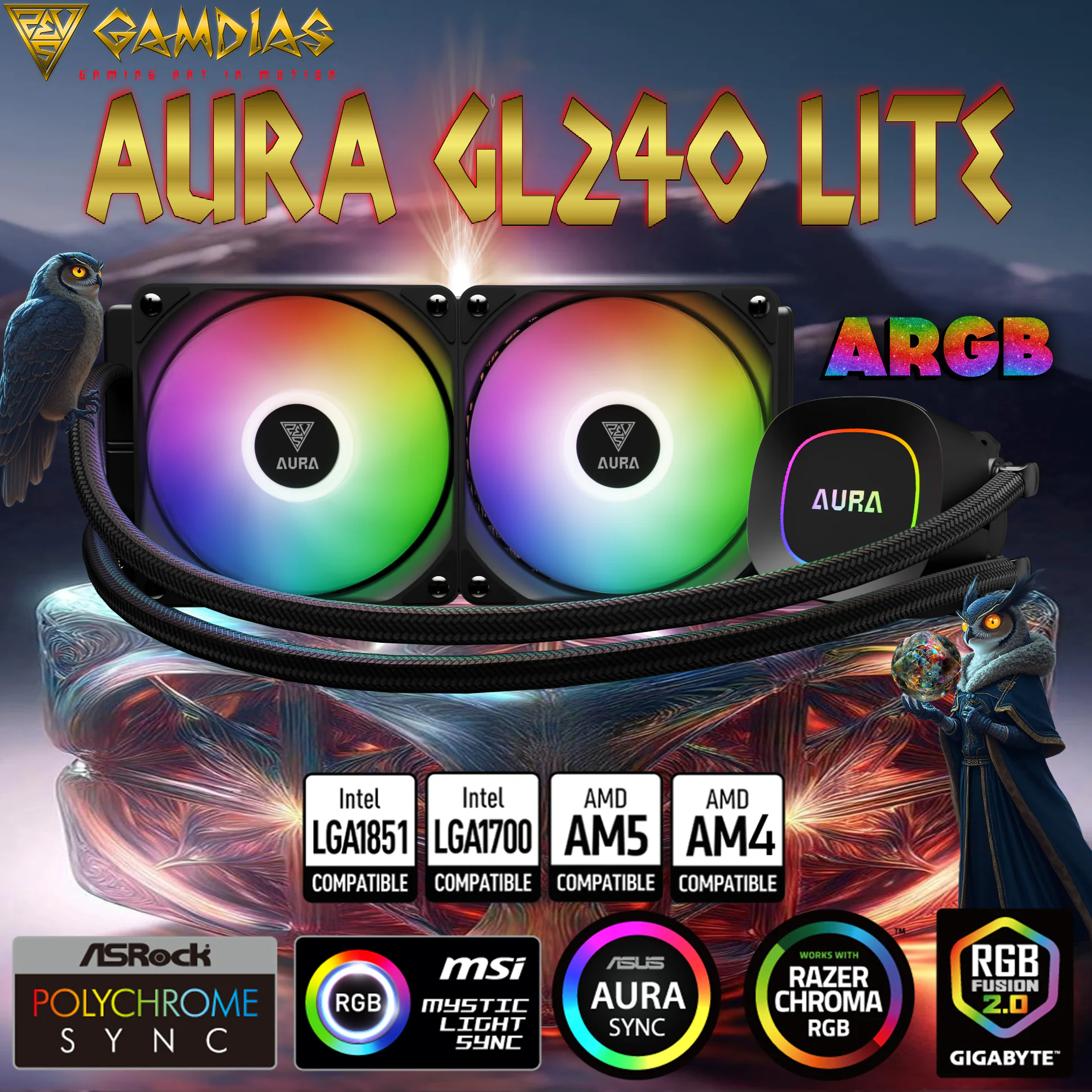 AURA-GL240-LITE-BK GAMDIAS AURA GL240 LITE LIQUID COOLER PWM ARGB FAN*2 120mm BLACK GAMDIAS AURA GL240 LITE ARGB AIO Liquid CPU Cooler With 240mm Radiator, Copper Base, PWM Hydraulic Fans, Motherboard Sync, LGA 1851 & AM5 Support, Easy Universal Mounting | BLACK 