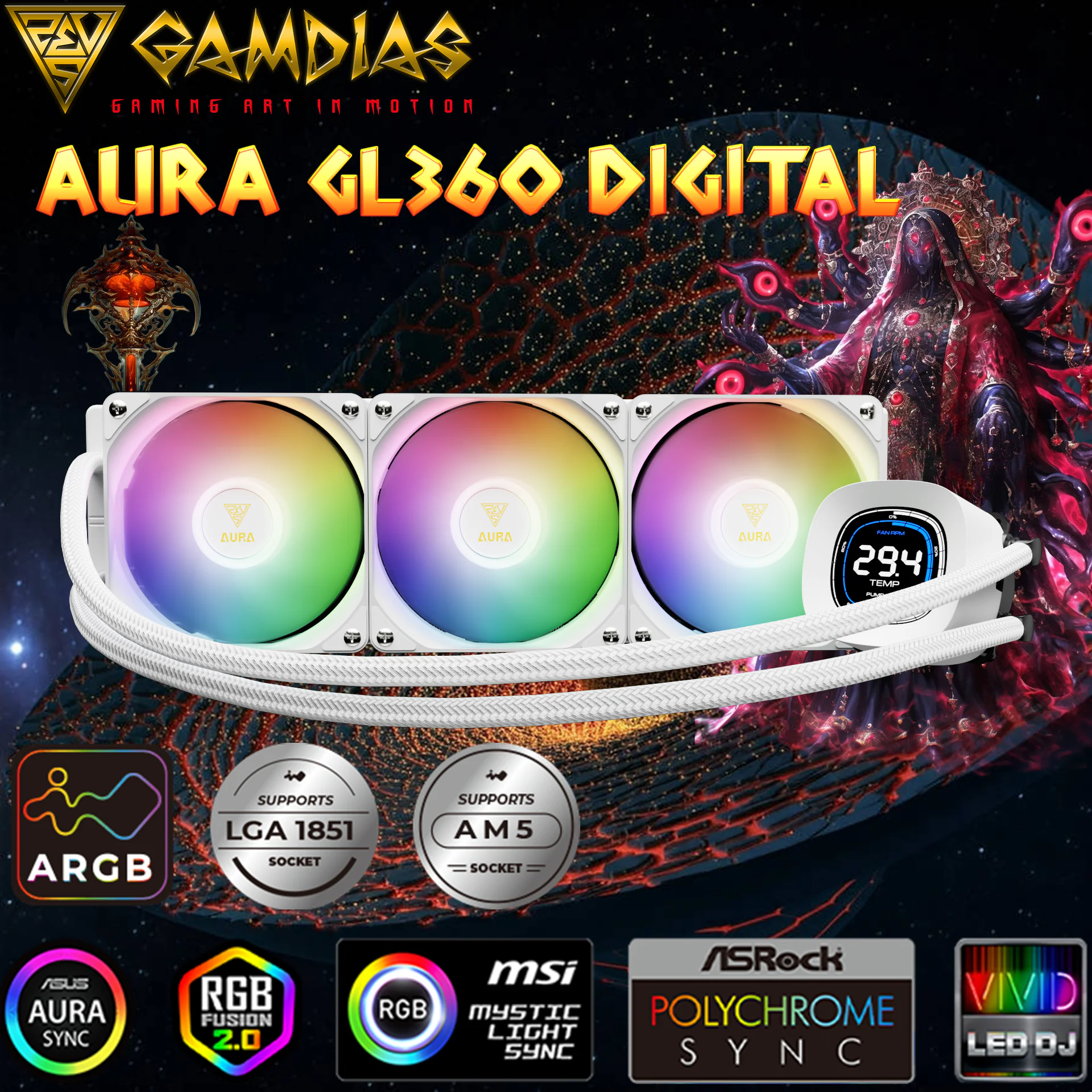 AURA-GL360-DIGITAL-W GAMDIAS AURA GL360 LIQUID COOLER DIGITAL 3xARGB PWM WHITE GAMDIAS AURA GL360 Digital WH Liquid Cooler With 2.1” Real-Time Display, ARGB PWM Fans, Copper Base, 73.7 CFM Airflow, 396mm Radiator, AM5 & LGA 1851 Support, Zeus Cast Software | WHITE