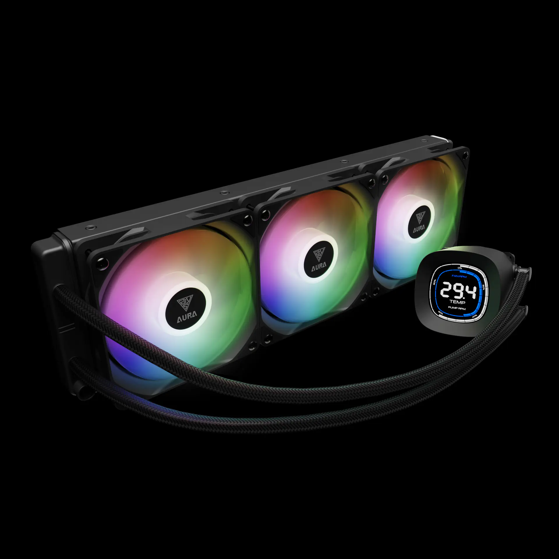 AURA_GL360_DIGITAL_Exh1 AURA-GL360-DIGITAL-B GAMDIAS AURA GL360 LIQUID COOLER DIGITAL 3xARGB PWM BLACK GAMDIAS AURA GL360 Digital Liquid Cooler With 2.1” Real-Time Display, ARGB PWM Fans, Copper Base, 73.7 CFM Airflow, 396mm Radiator, AM5 & LGA 1851 Support, Zeus Cast Software | BLACK