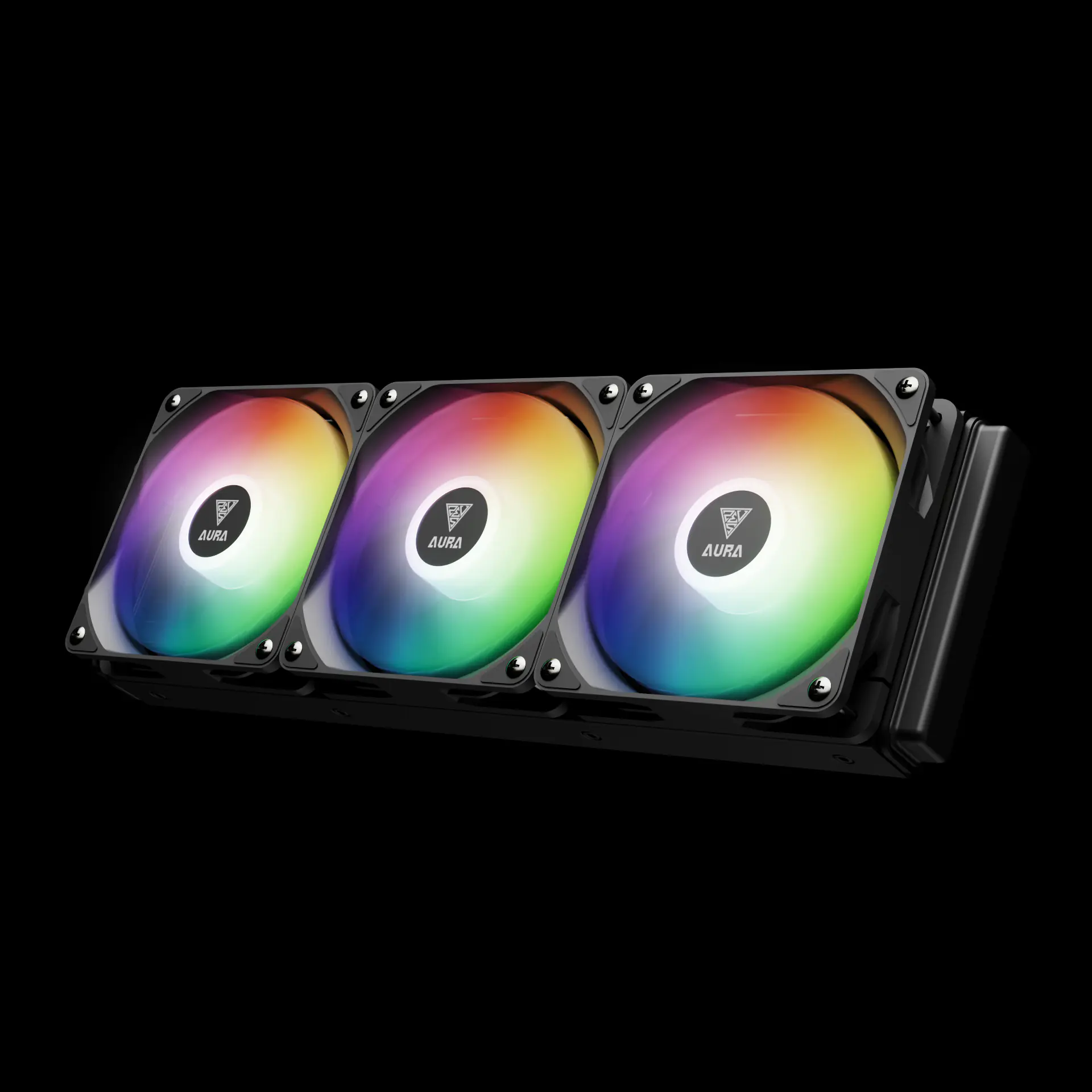 AURA_GL360_DIGITAL_Exh2 AURA-GL360-DIGITAL-B GAMDIAS AURA GL360 LIQUID COOLER DIGITAL 3xARGB PWM BLACK GAMDIAS AURA GL360 Digital Liquid Cooler With 2.1” Real-Time Display, ARGB PWM Fans, Copper Base, 73.7 CFM Airflow, 396mm Radiator, AM5 & LGA 1851 Support, Zeus Cast Software | BLACK