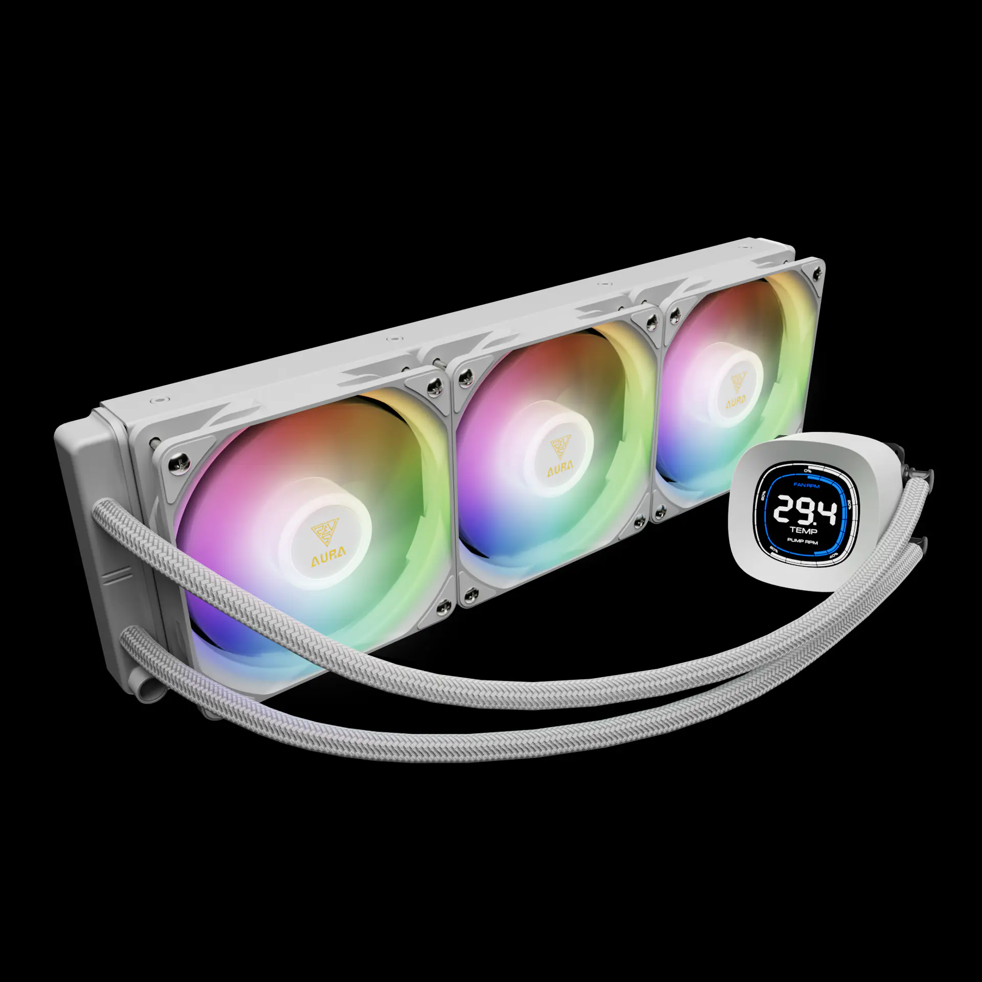 AURA_GL360_DIGITAL_WH_Exh1 AURA-GL360-DIGITAL-W GAMDIAS AURA GL360 LIQUID COOLER DIGITAL 3xARGB PWM WHITE GAMDIAS AURA GL360 Digital WH Liquid Cooler With 2.1” Real-Time Display, ARGB PWM Fans, Copper Base, 73.7 CFM Airflow, 396mm Radiator, AM5 & LGA 1851 Support, Zeus Cast Software | WHITE