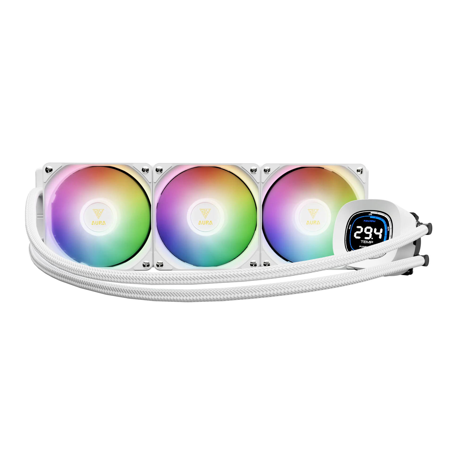 AURA_GL360_DIGITAL_WH_Slogan AURA-GL360-DIGITAL-W GAMDIAS AURA GL360 LIQUID COOLER DIGITAL 3xARGB PWM WHITE GAMDIAS AURA GL360 Digital WH Liquid Cooler With 2.1” Real-Time Display, ARGB PWM Fans, Copper Base, 73.7 CFM Airflow, 396mm Radiator, AM5 & LGA 1851 Support, Zeus Cast Software | WHITE