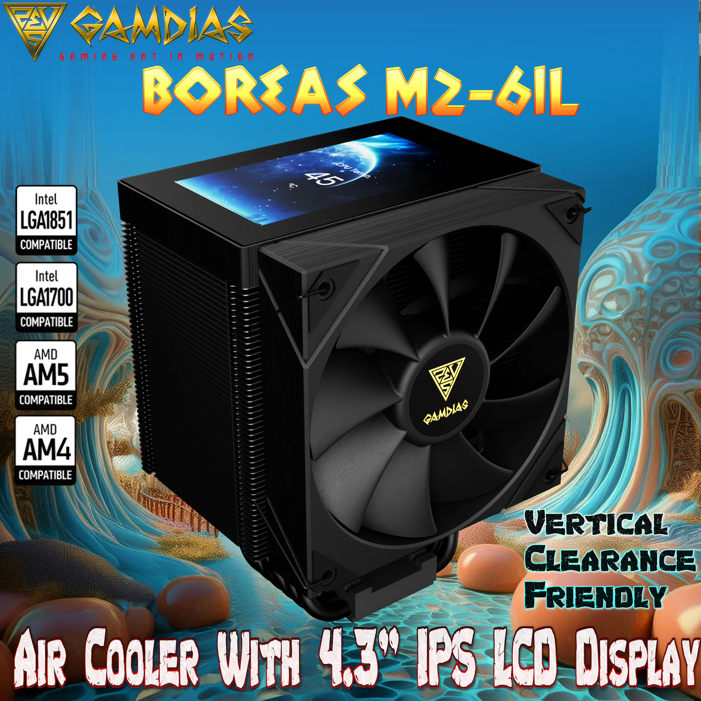 BOREAS-M2-61L-BLACK GAMDIAS BOREAS M2-61L AIR COOLER 4.3" LCD DISPLAY 160mm PWM BLACK GAMDIAS BOREAS M2-61L Air Cooler With 4.3" IPS LCD Display, 6 Heatpipes, 80.83 CFM PWM Fan, Copper Base, 160mm Height, Zeus Cast Software, LGA 1851 & AM5 Compatible | BLACK