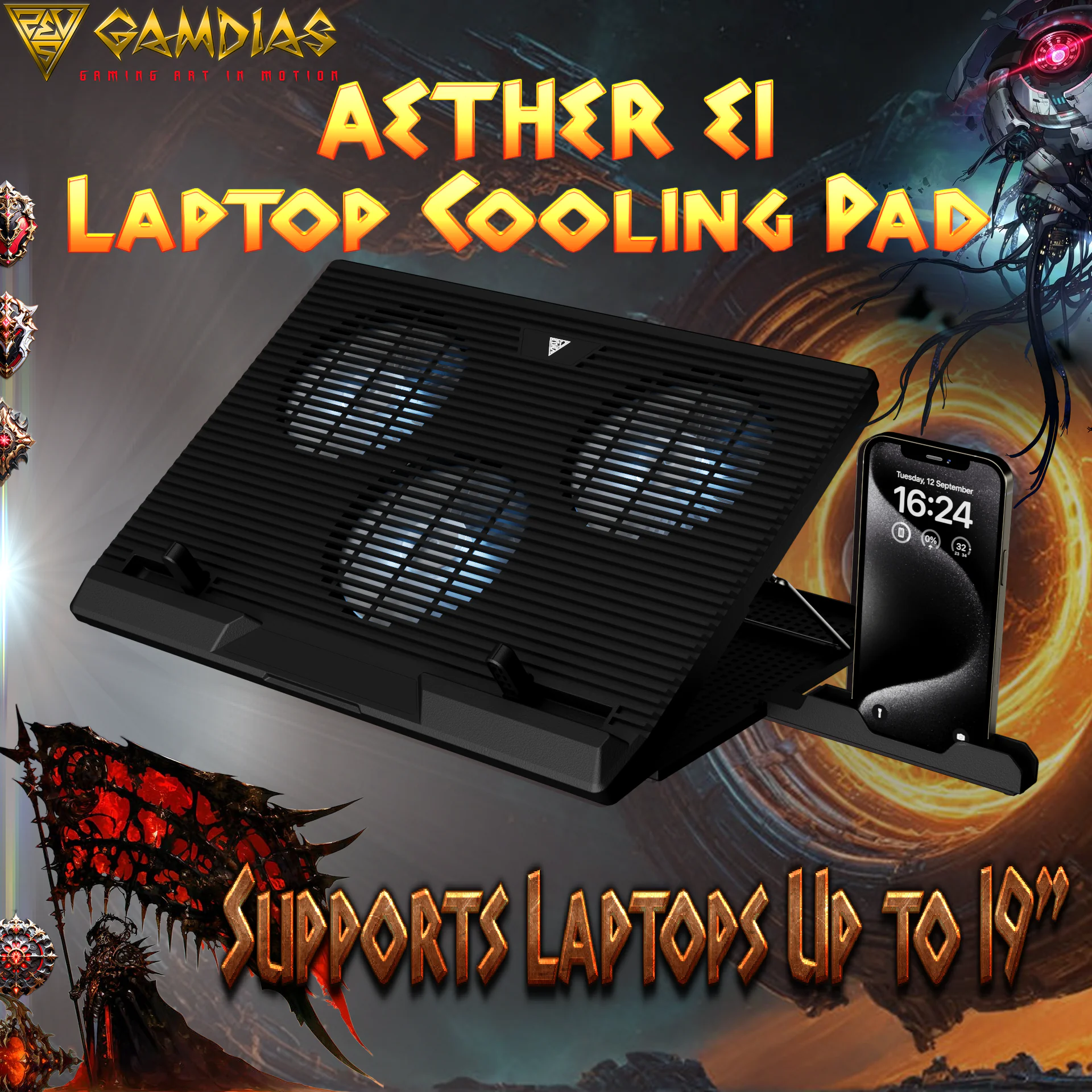 GAMDIAS-AETHER-E1 GAMDIAS AETHER E1 LAPTOP COOLER 3x 120mm FANS + PHONE HOLDER BLACK GAMDIAS AETHER E1 Laptop Cooling Pad With Triple 120mm Fans, 7 Height Levels, Dual USB Ports, Blue LED, And Compatibility for Up To 19” Laptops