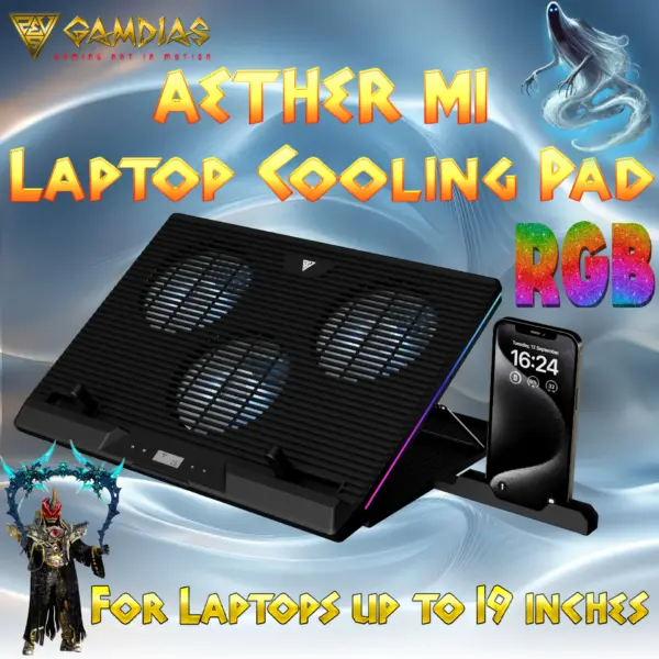 GAMDIAS-AETHER-M1 GAMDIAS AETHER M1 LAPTOP COOLER 3x 135mm FANS RGB+ PHONE HOLDER BLACK GAMDIAS AETHER M1 RGB Laptop Cooling Pad | Triple 120mm Fans | 10 RGB Modes | LCD Speed Control | 7 Adjustable Heights | USB-A Hub | Fits Laptops Up To 19" Laptops