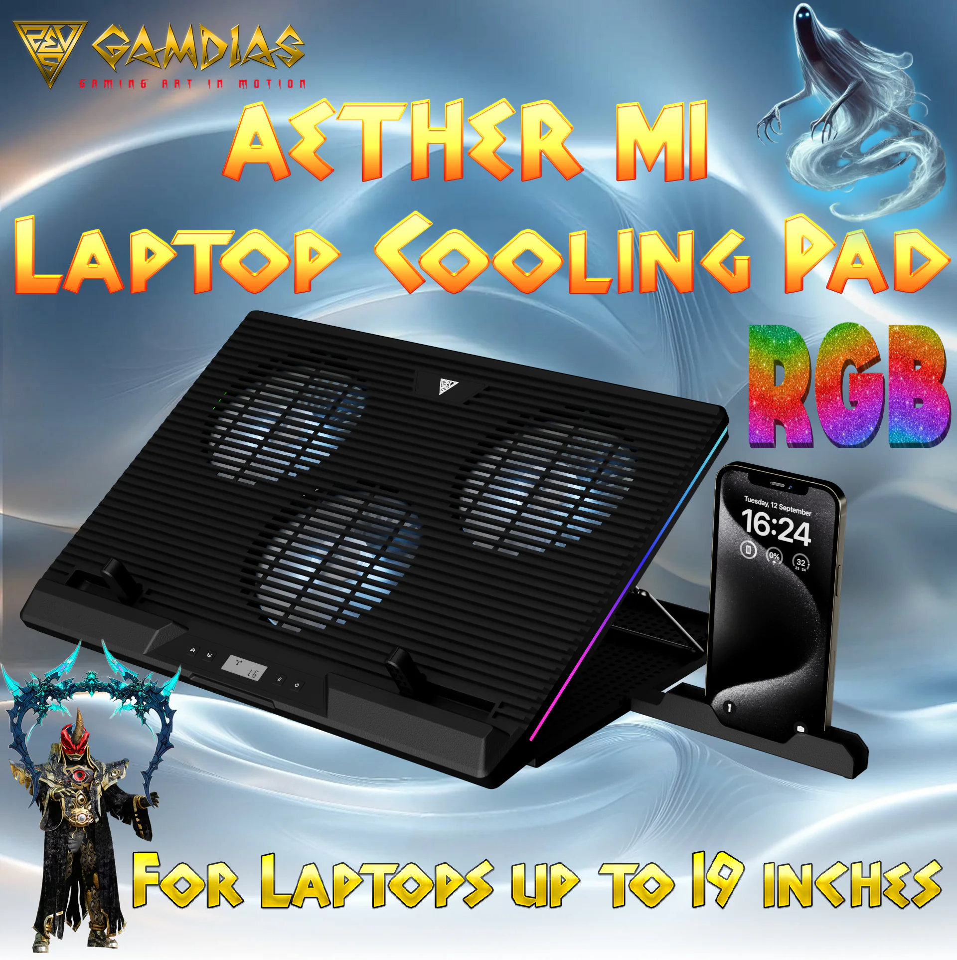 GAMDIAS-AETHER-M1 GAMDIAS AETHER M1 LAPTOP COOLER 3x 135mm FANS RGB+ PHONE HOLDER BLACK GAMDIAS AETHER M1 RGB Laptop Cooling Pad | Triple 120mm Fans | 10 RGB Modes | LCD Speed Control | 7 Adjustable Heights | USB-A Hub | Fits Laptops Up To 19" Laptops