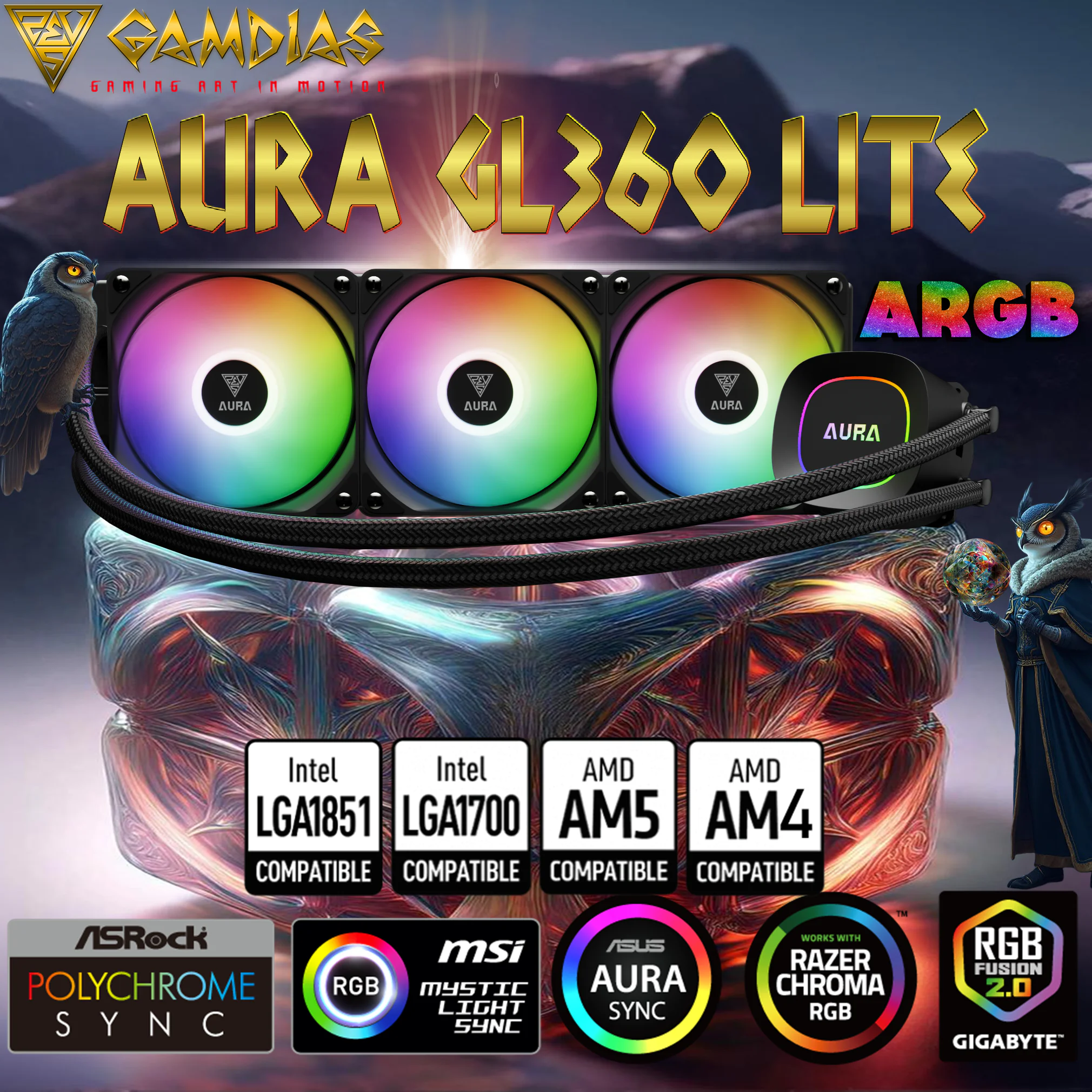 AURA-GL360-LITE-BK GAMDIAS AURA GL360 LITE LIQUID COOLER PWM ARGB FAN*3 120mm BLACK GAMDIAS AURA GL360 LITE ARGB AIO Liquid CPU Cooler With 360mm Radiator, Copper Base, PWM Hydraulic Fans, Motherboard Sync, LGA 1851 & AM5 Support, Easy Universal Mounting | BLACK 