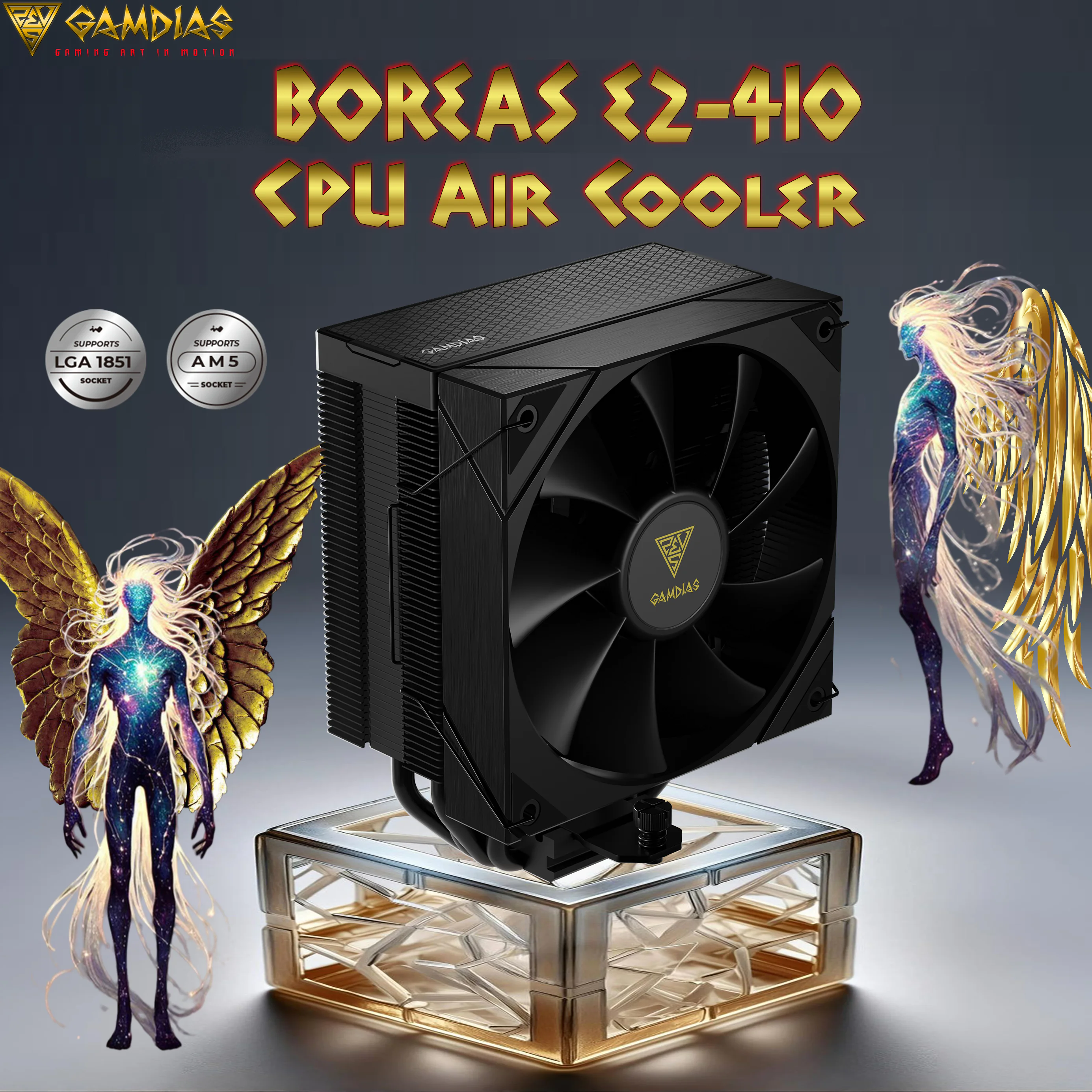 BOREAS-E2-410-BK GAMDIAS BOREAS E2-410 AIR COOLER FANx1 120mm PWM BLACK GAMDIAS BOREAS E2-410 CPU Air Cooler With 4 Copper Heatpipes, 120mm PWM Fan, 80.83 CFM, White Finish, DRAM Clearance, LGA 1851 & AM5 Support, 158mm Height | MATTE BLACK 