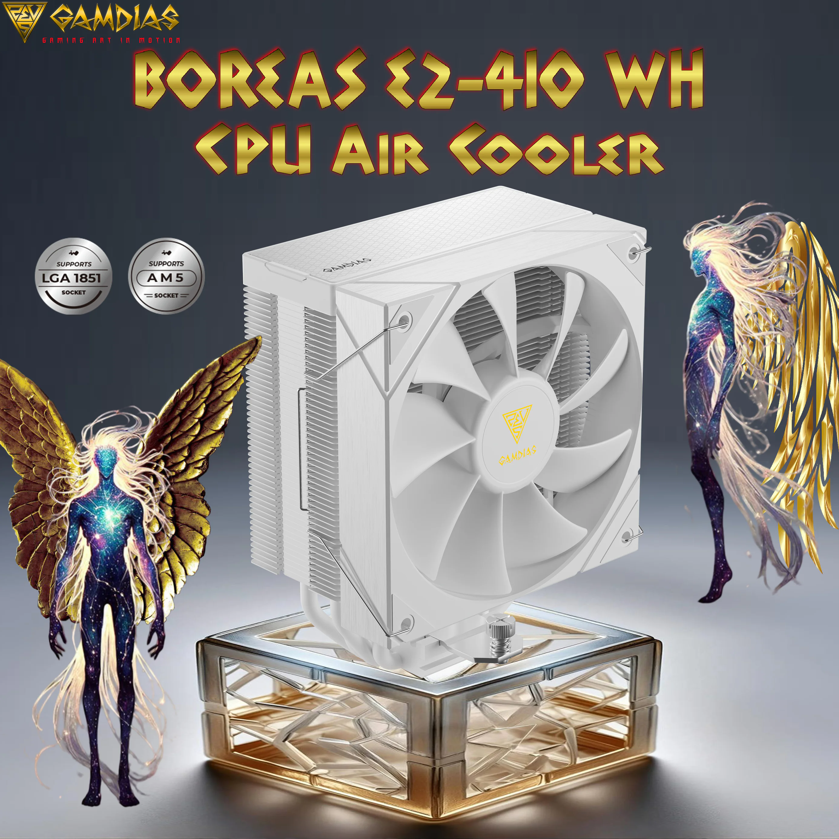 BOREAS-E2-410-WH GAMDIAS BOREAS E2-410 AIR COOLER FANx1 120mm PWM WHITE GAMDIAS BOREAS E2-410 WH CPU Air Cooler With 4 Copper Heatpipes, 120mm PWM Fan, 80.83 CFM, White Finish, DRAM Clearance, LGA 1851 & AM5 Support, 158mm Height | WHITE