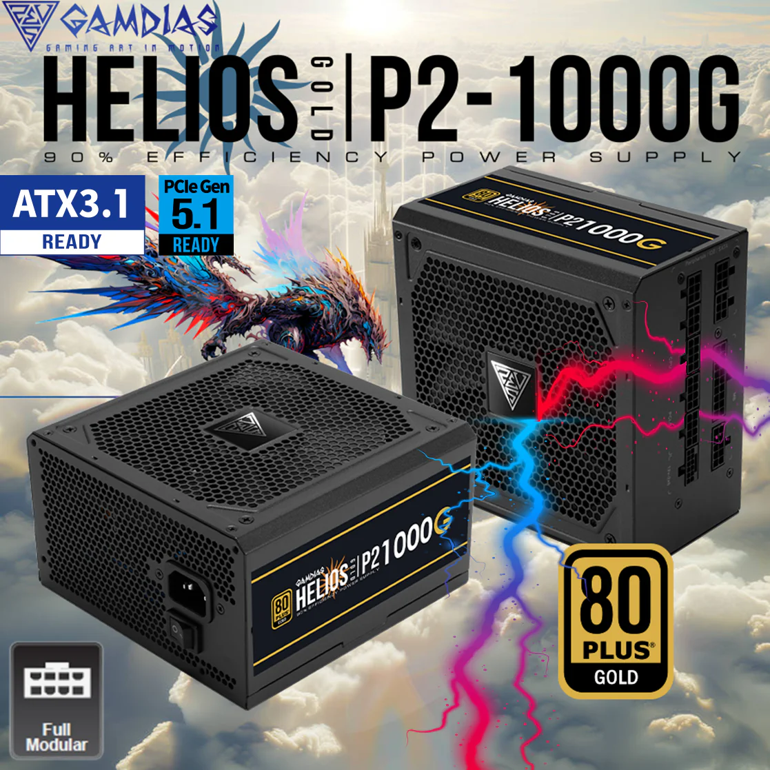 GAMDIAS HELIOS P2-1000G power supply unit 1000W PSU HELIOS-P2-1000G-BK GAMDIAS PSU HELIOS P2-1000G 1000W 80PLUS GOLD ATX3.1 PCLe5.1 FULLY MODULAR BLACK GAMDIAS HELIOS P2-1000G 1000W 80 Plus Gold Fully Modular PSU, ATX 3.1, PCIe Gen 5.1, Native 12VHPWR, Smart 135mm Fan, Heavy-Duty Protections, Flat Cables, DC-DC Design | BLACK