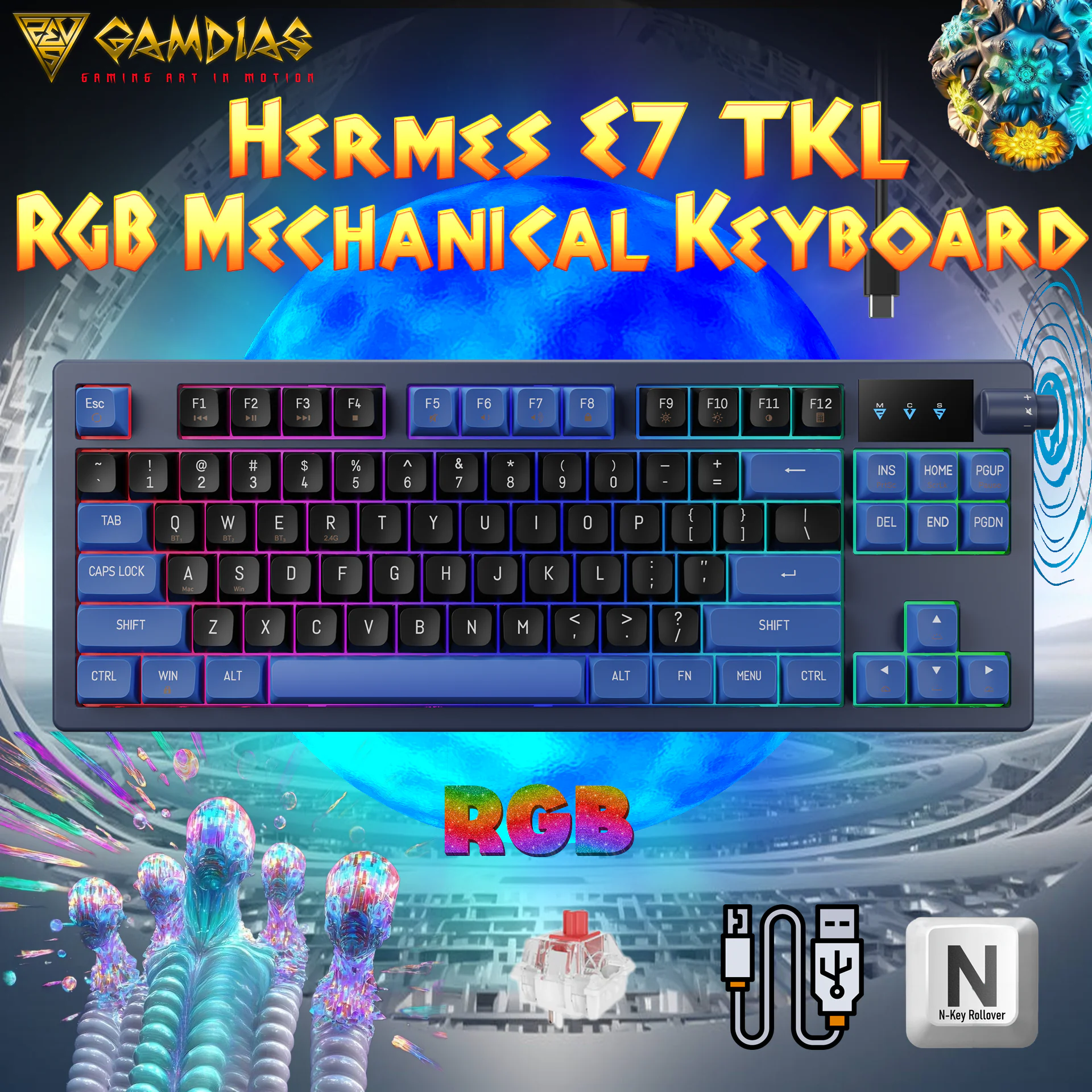 GAMDIAS Hermes E7 Wired TKL RGB Gasket Mechanical Keyboard With Red Switches GAMDIAS-HERMES-E7-B GAMDIAS HERMES E7 / RED SWITCH / WIRED RGB MATTE BLACK-ROYAL BLUE MECHANICAL KEYBOARD GAMDIAS Hermes E7 Wired 75% RGB Gasket Mechanical Keyboard With Red Switches, PBT Keycaps, Hot-Swap Support, Volume Knob, Anti-Ghosting, And N-Key Rollover, USB-A to Type-C Wired | ROYAL BLUEย