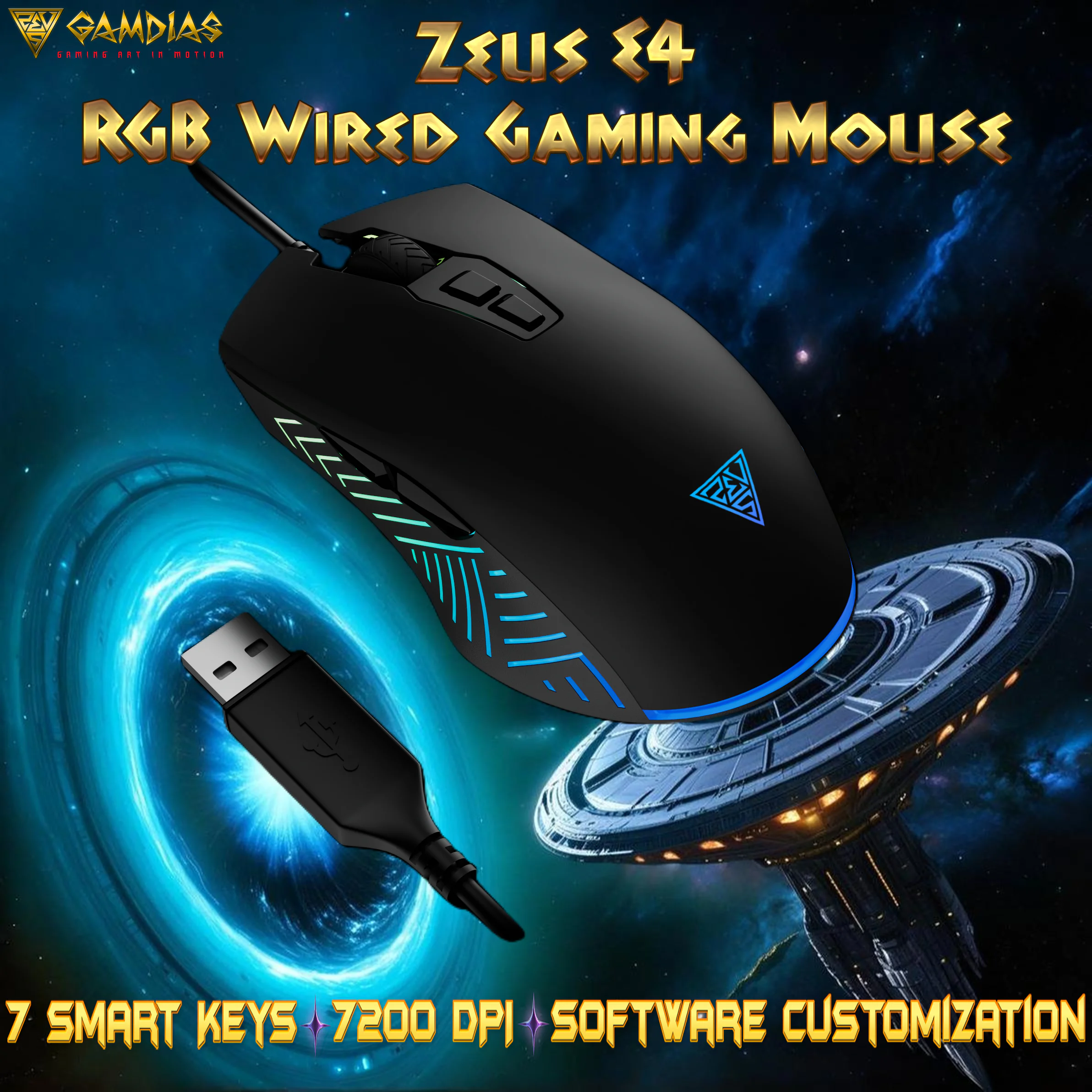 ZEUS-E4-BK GAMDIAS ZEUS E4 RGB 7200DPI WIRED MOUSE BLACK GAMDIAS Zeus E4 RGB Wired Gaming Mouse With 7200 DPI Optical Sensor, 7 Programmable Keys, Ergonomic Design, 5 Million Clicks, And Software Customization