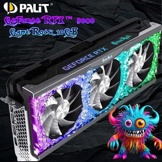 NED3080U19IA-USED Palit GeForce RTX 3080 GameRock 10GB Palit GeForce RTX 3080 GameRock GPU With 10GB GDDR6X, ARGB Sync, Dual BIOS, TurboFan 3.0, 8704 CUDA Cores, Ray Tracing, DLSS, 340W TDP & Triple ARGB Cooler