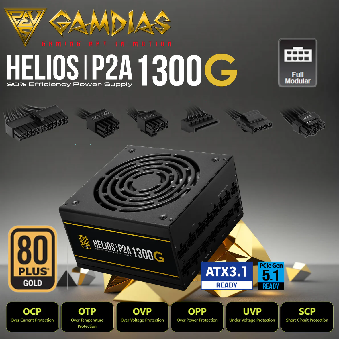 HELIOS-P2A-1300G GAMDIAS PSU HELIOS P2A-1300G 1300W 80PLUS GOLD ATX3.1 PCle5.1 FULLY MODULAR BLACK Gamdias Helios P2A-1300G 1300W Fully Modular PSU With 80 Plus Gold, ATX 3.1, PCIe 5.1, Native 12VHPWR, Silent 135mm FDB Fan & Heavy-Duty Protection Suite
