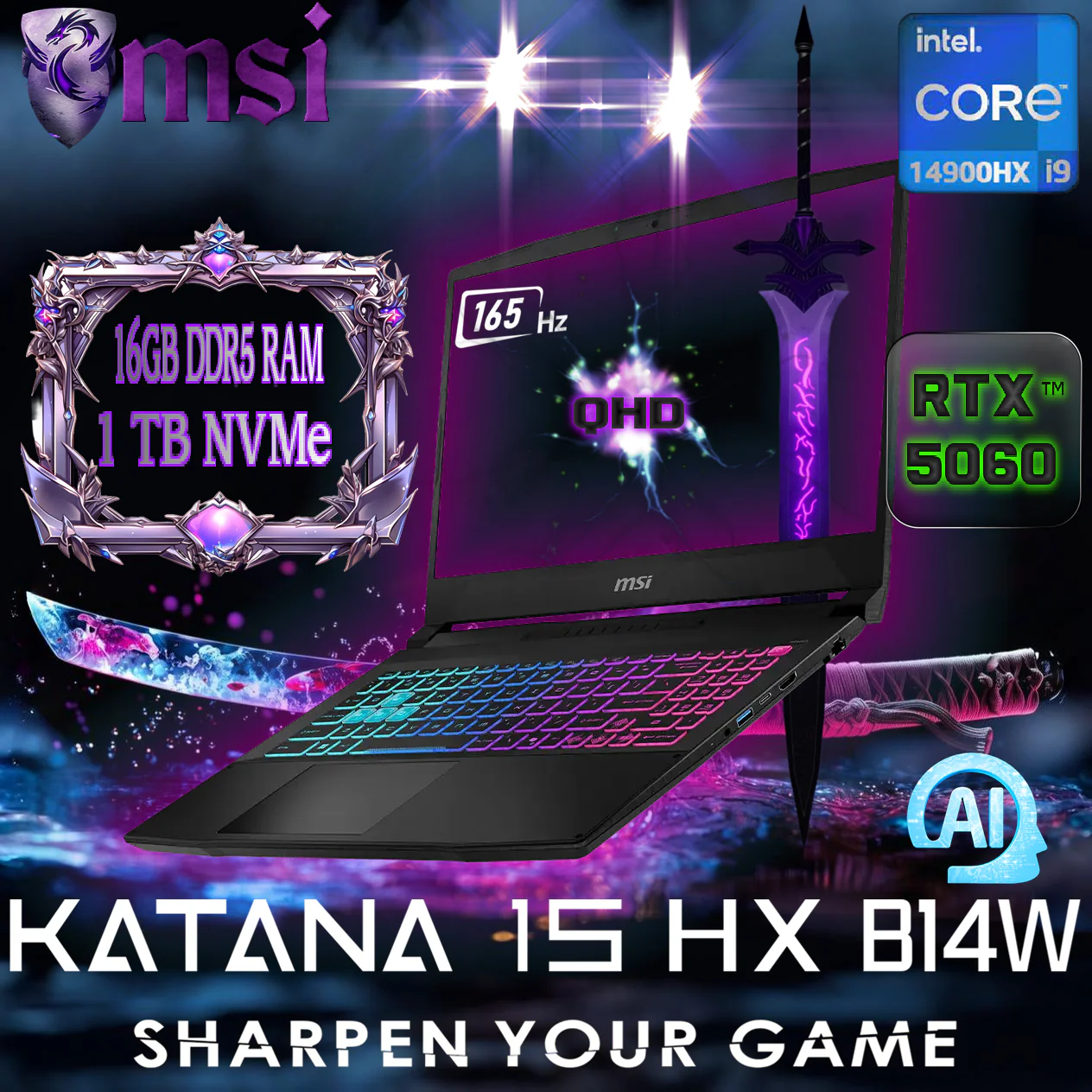 9S7-1587C1-403 MSI KATANA 15 HX B14WFK I9-14900HX DDR5 16GB / 1TB / 15.6" / QHD / 5060,8GB / DOS MSI Katana 15 HX B14WFK Intel® Core™ i9-14900HX | 16GB DDR5 RAM ; 1TB NVMe SSD | RTX™ 5060 , 8GB | 15.6” QHD 165Hz IPS Display | 4-Zone RGB Backlit Keyboard | DOS | BLACK 9S7-1587C1-403