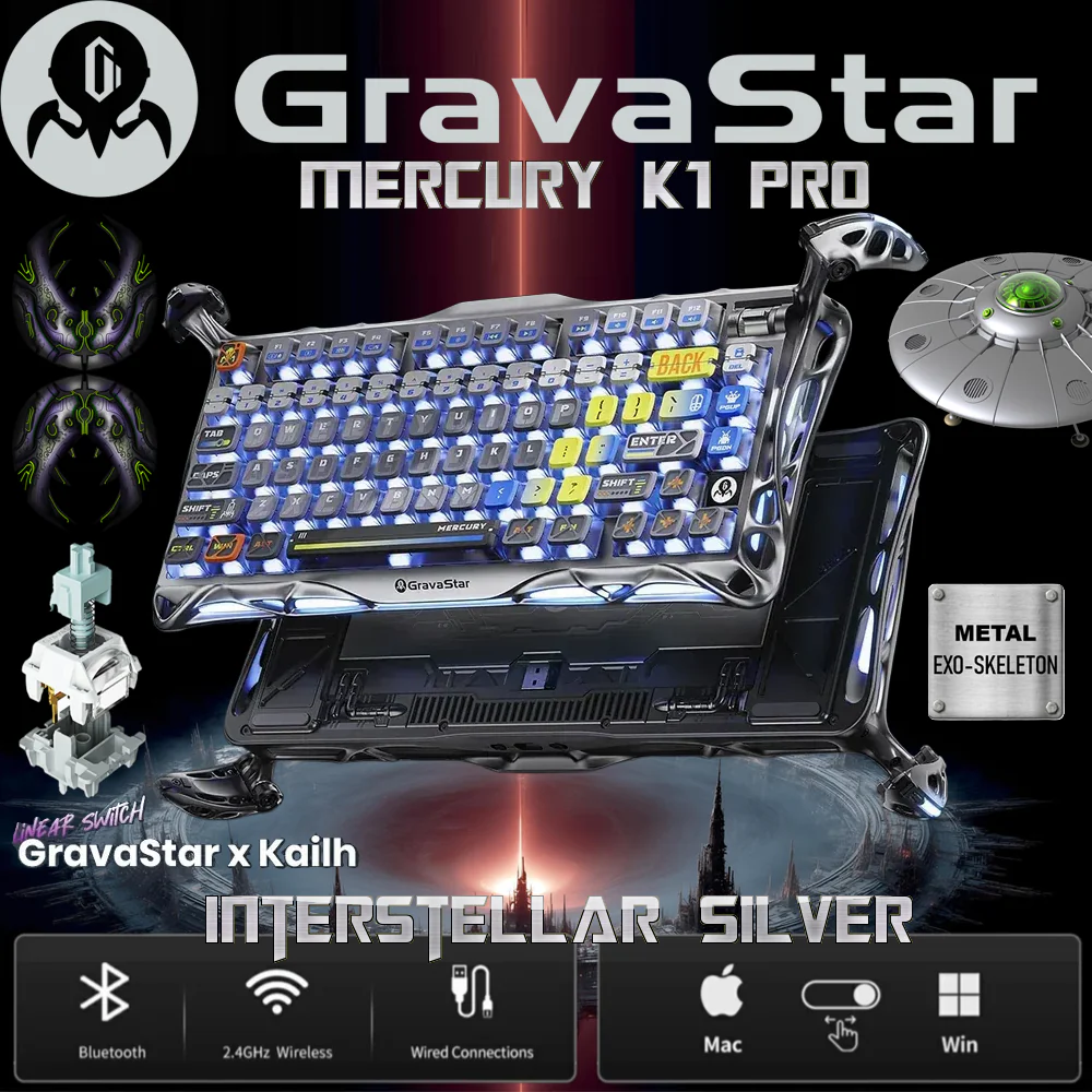 505566-MERCURY-K1-IS GRAVASTAR MERCURY K1 PRO 75% 79KEYS RGB TRI-MODE MECHANICAL KEYBOARD INTERSTELLAR SILVER GravaStar Mercury K1 Pro Interstellar 75% Tri-Mode Connectivity Mechanical Keyboard With Gasket Mount,  x Kailh Speedy Mint Linear Switches, Dual RGB, PBT Keycaps, 8000mAh Battery,  Aluminum Alloy Exoskeleton, for Windows / macOS | Silver Edition