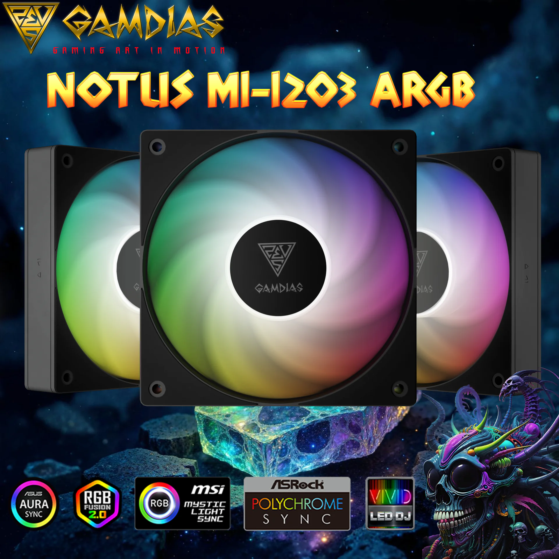 NOTUS-M1-1203-ARGB-B GAMDIAS M1-1203 ARGB FANx3 120mm 400-1600 RPM PWM BLACK GAMDIAS NOTUS M1-1203 120mm ARGB PWM Fan 3-Pack With 57.56 CFM Airflow, Reverse Fan Blades, Closed-Loop Tech, MB Sync, Anti-Vibration Pads & Silent 25dBA Operation | 3 BLACK FANS
