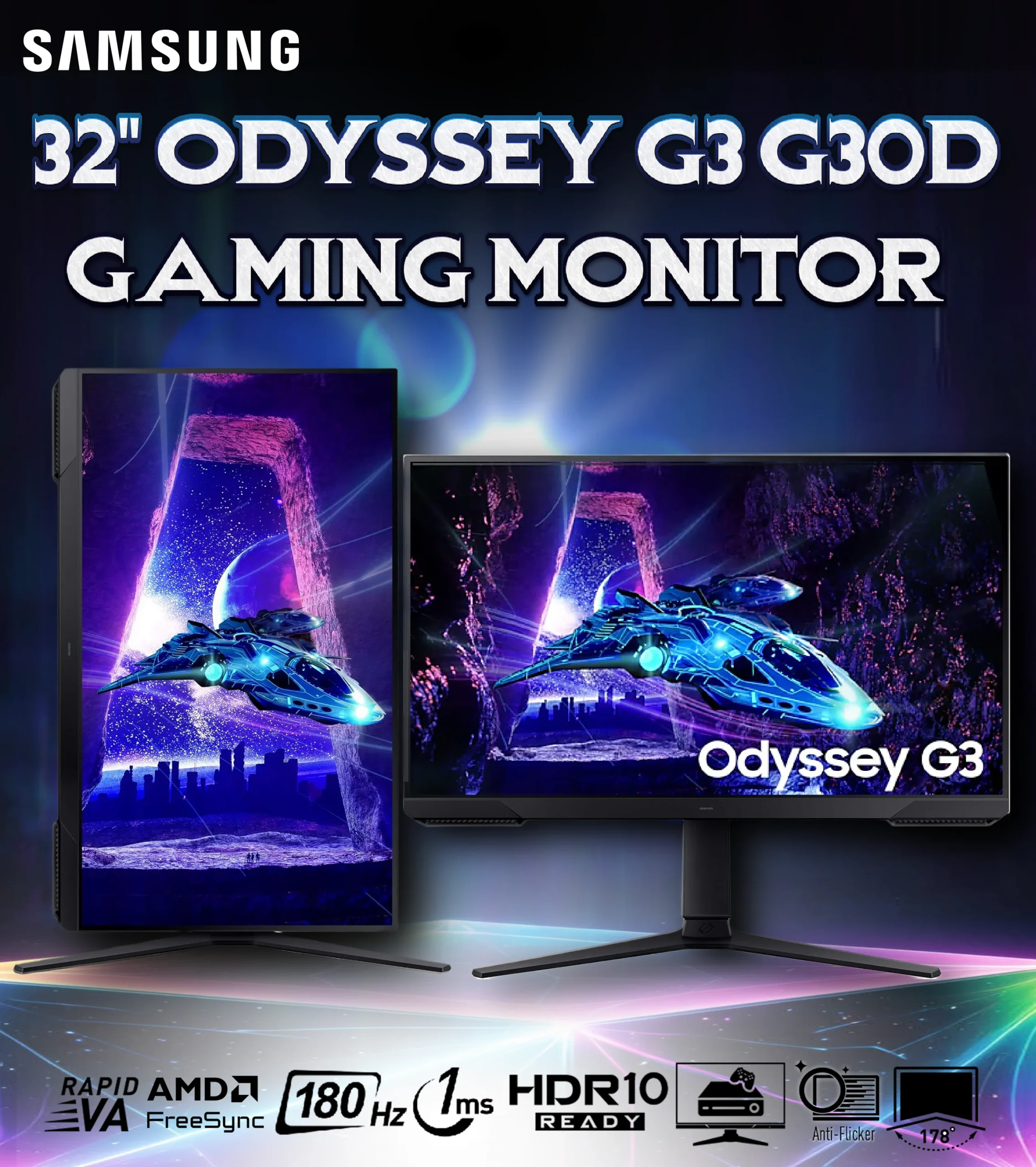 SAMSUNG 32DG302 32 inch 180Hz ODESSEY G3 G30D GAMING MONITOR BLACK LS32DG302EMXUE SAMSUNG 32DG302 32" 180Hz ODESSEY G3 G30D GAMING MONITOR BLACK Samsung 32" Odyssey G3 G30D Gaming Monitor FHD 180Hz 1ms MPRT Flat VA Panel With AMD FreeSync™ , HDR10, Eye Saver Mode, Adjustable Stand ( Height, Tilt, Swivel, Pivot), HDMI & DP Cables