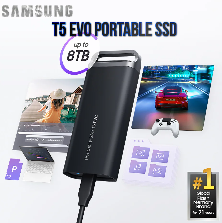 MU-PH8T0S/AM SAMSUNG EXTERNAL SSD T5 EVO 8TB 460MB/S Samsung T5 EVO Portable SSD 8TB, USB 3.2 Gen 1 External Solid State Drive, Seq. Read Speeds Up to 460MB/s for Gaming and Content Creation | BLACK MU-PH8T0S/AM