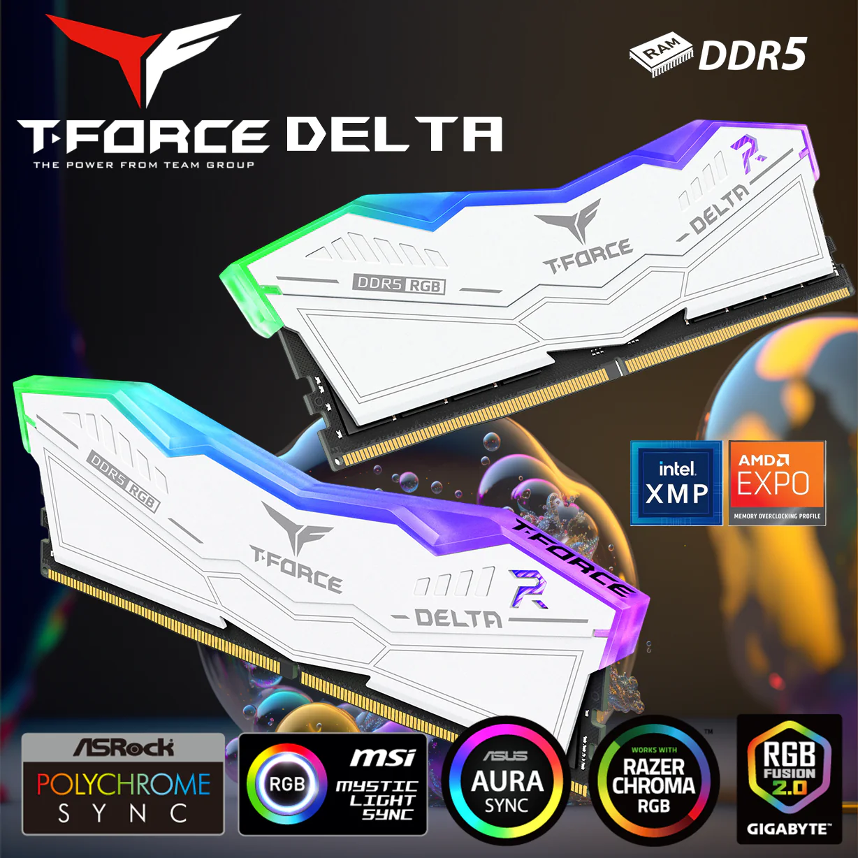 FF4D532G6000HC38JDC0 RAM TEAM TFORCE DELTA 6000 RGB 32GB (16X2) WHITE Team T-Force Delta RGB DDR5 32GB RAM White Kit (2 x 16GB) 288-Pin 6000MT/s PC5-48000 CL38 Intel XMP 3.0 & AMD EXPO Desktop Memory Model | WHITE FF4D532G6000HC38JDC01