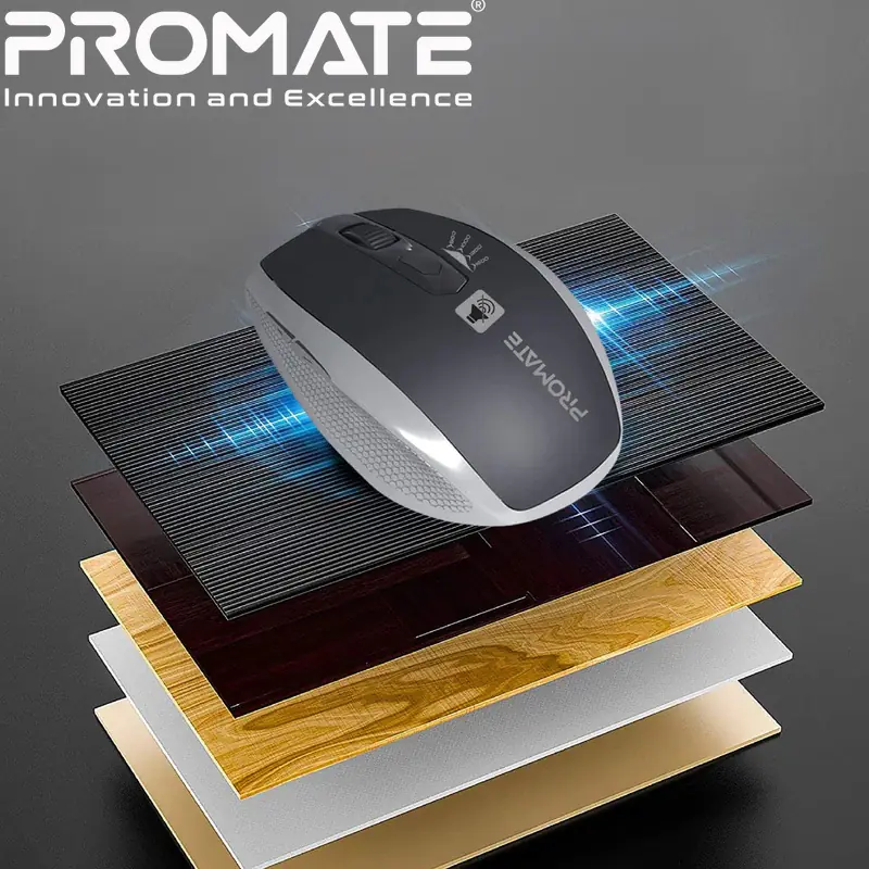 Promate Breeze Silent Wireless Mouse | 90% Noise Reduction, 1600 DPI, 10m Range, Ergonomic Grip, 1×AA Battery | Matte Anti-Slip Finish – Silver