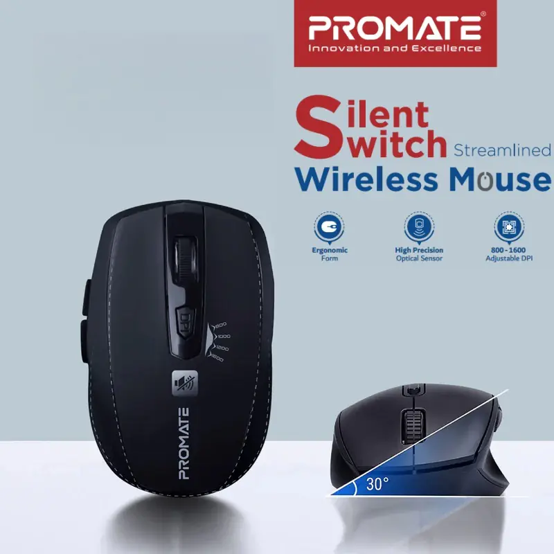 hh876 Promate Breeze Silent Wireless Mouse | 90 % Noise-Free Clicks, 800-1600 DPI KA8 Sensor, 10 m 2.4 GHz Range, AA Battery Efficient | Ergonomic Matte Anti-Slip Design for Mac/Windows - Black - Image 1
