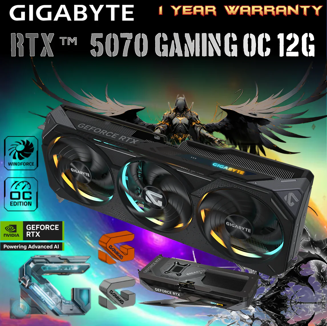 reeet-- GeForce-RTX™-5070-GAMING-OC-12G 9VN5070GO-00-G10 GIGABYTE RTX 5070 GAMING OC 12GB 3XFANS GIGABYTE GeForce RTX 5070 GAMING OC 12G Graphics Card With 12GB GDDR7, DLSS 4, 192-bit PCIe 5.0, 2625 MHz Core Clock & 6144 CUDA® , WINDFORCE Cooling, RGB Halo, Dual BIOS, and Versatile VGA Holder GIGABYTE GeForce RTX 5070 Gaming OC 12G Graphics Card - 12GB GDDR7, 192 Bits, PCI-E 5.0, 2625 MHz Core Clock, 3 x DP 2.1a, 1 x HDMI 2.1b, NVIDIA DLSS 4, GV-N5070GAMING OC-12GD