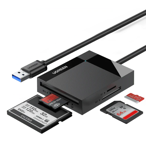 UGREEN 4-in-1 USB 3.0 Card Reader – SD/TF/CF/MS, 5Gbps Transfer, Plug & Play, Simultaneous Reading, 2TB Card Support, 50cm Cable for PC, Mac, Android, DSLR & More