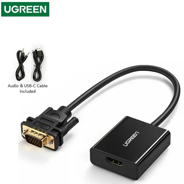 UGREEN-50945 UGREEN VGA TO HDMI CONVERTER WITH AUDIO UGREEN VGA Male To HDMI Female Adapter – Full HD 1080P@60Hz With 3.5mm Audio, USB-C Power, Audio Video Sync, Plug & Play, Gold-Plated, 1m Cables Included | BLACK 50945 